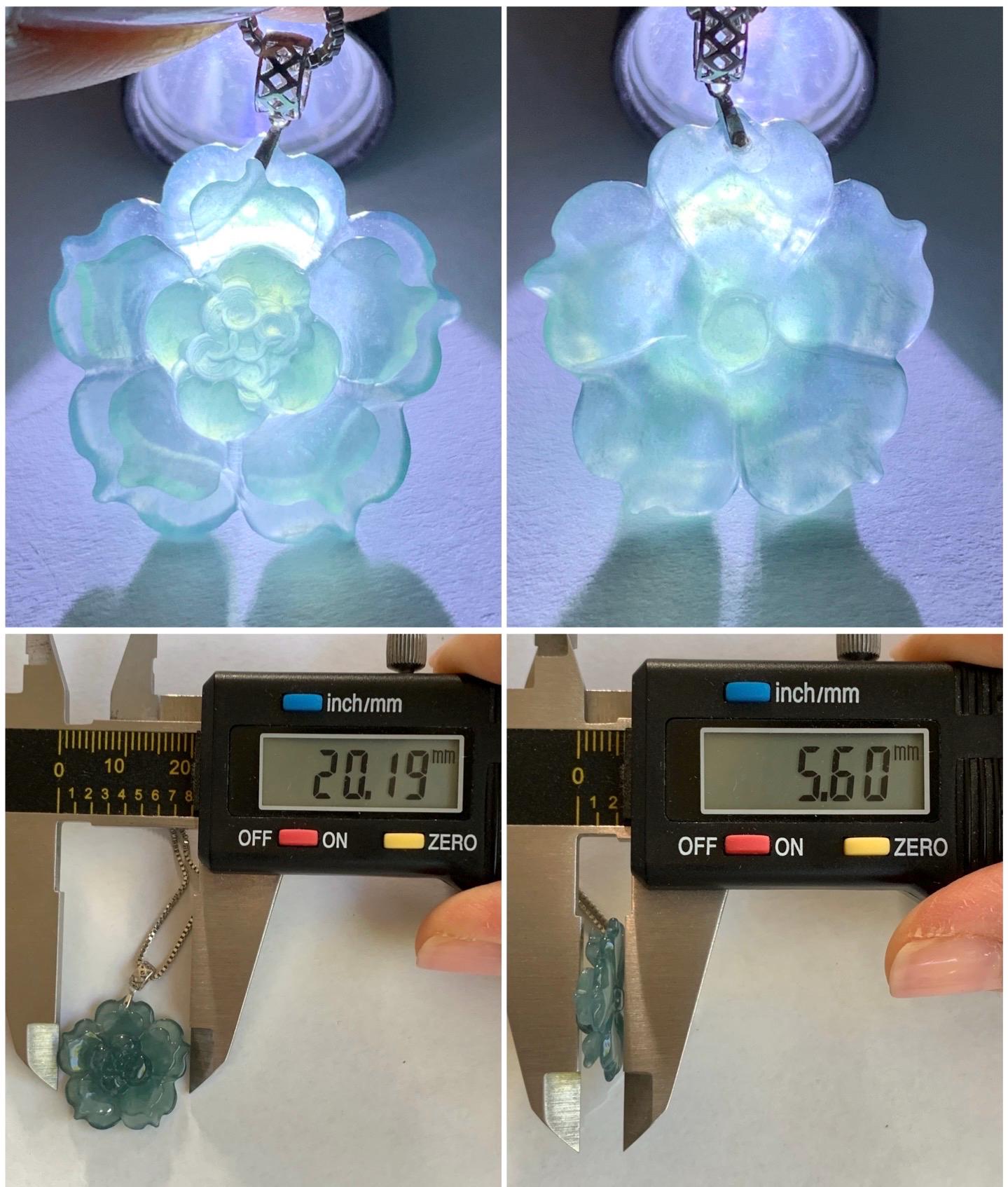 Natural Guatemalan Icy Highly Translucent Teal Blue Jadeite Lotus Flower Pendant 18K White Gold 天然冰危湖水蓝翡翠莲花镶嵌吊坠 LDSL