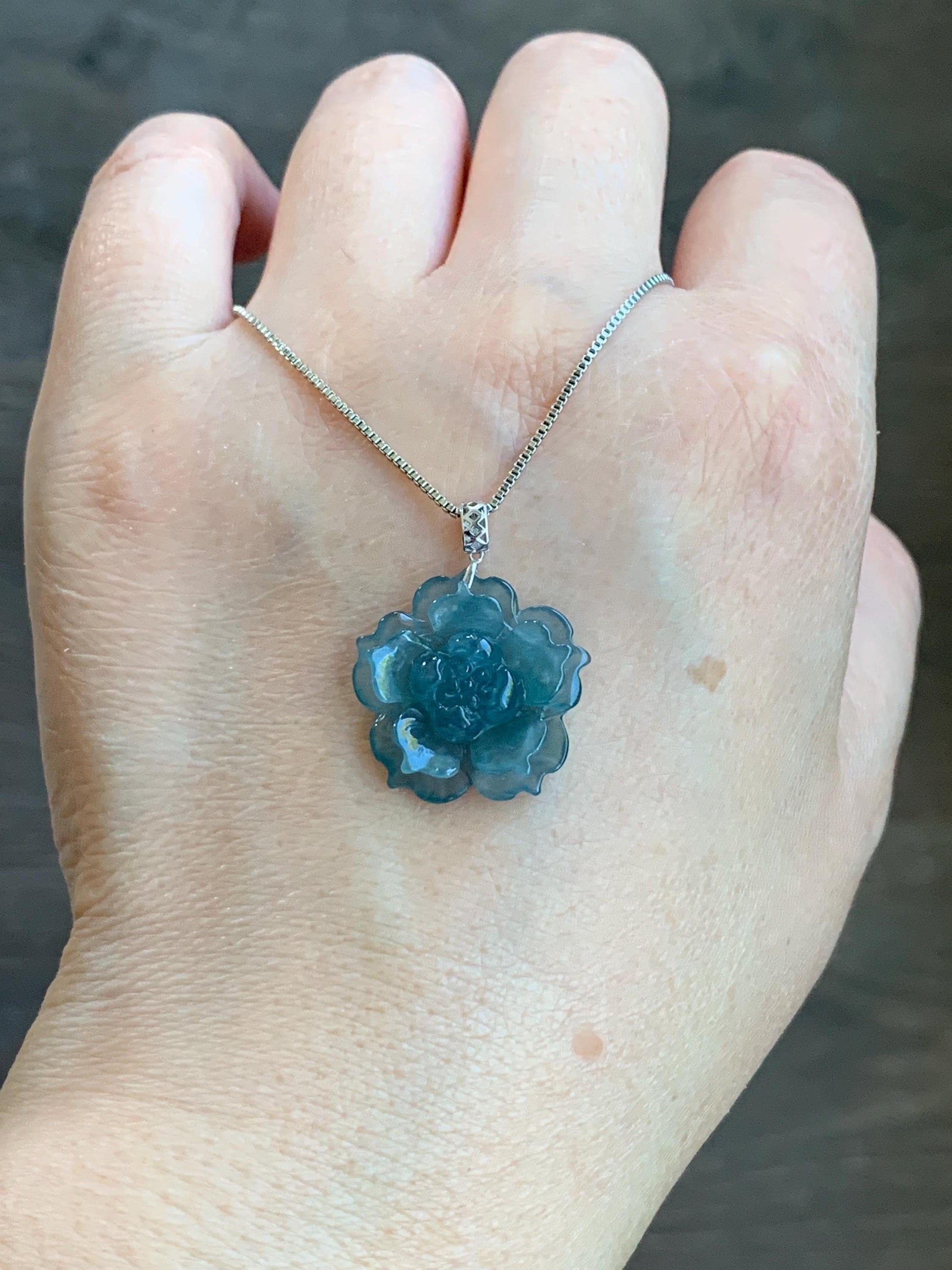 Natural Guatemalan Icy Highly Translucent Teal Blue Jadeite Lotus Flower Pendant 18K White Gold 天然冰危湖水蓝翡翠莲花镶嵌吊坠 LDSL