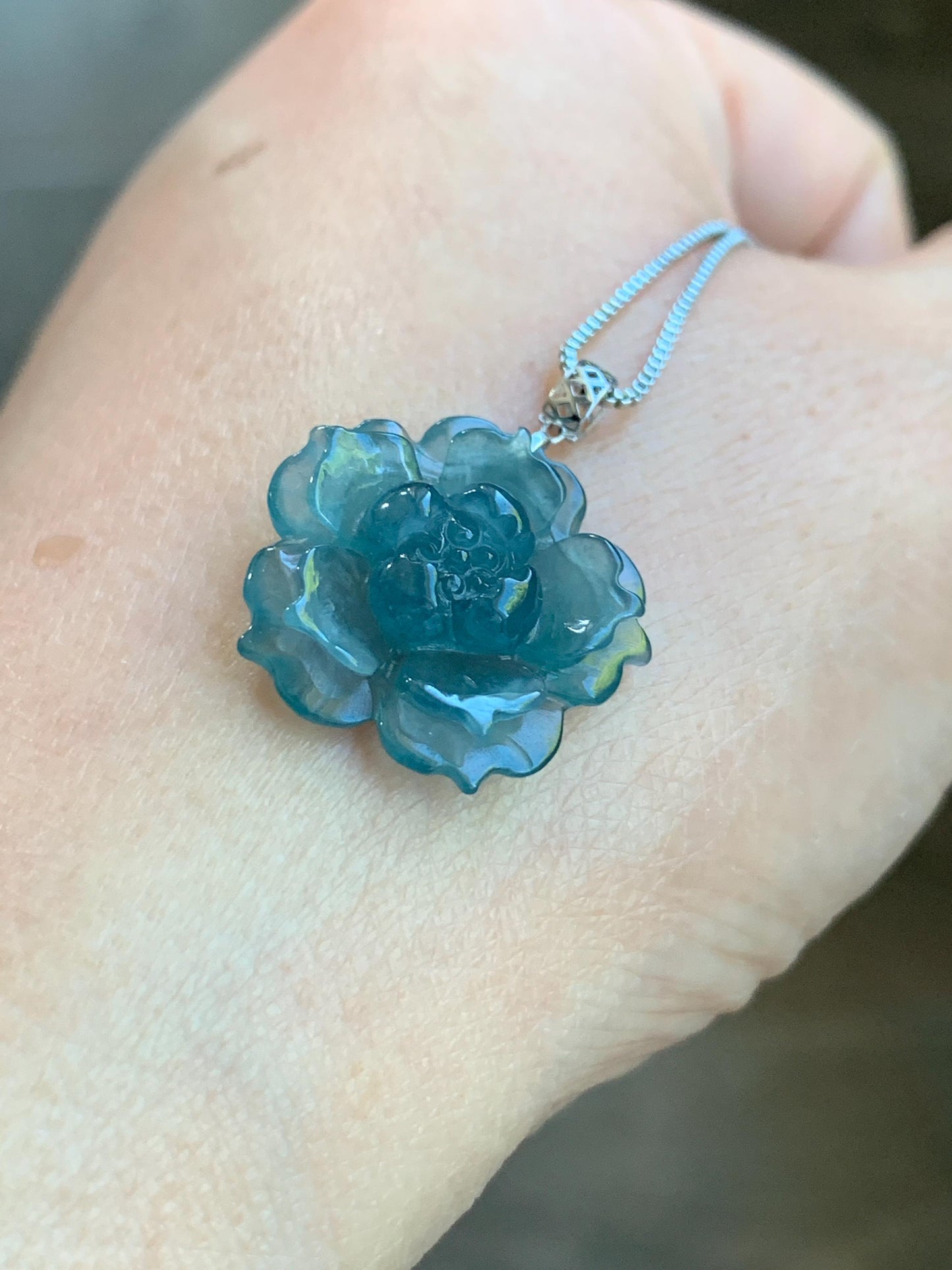 Natural Guatemalan Icy Highly Translucent Teal Blue Jadeite Lotus Flower Pendant 18K White Gold 天然冰危湖水蓝翡翠莲花镶嵌吊坠 LDSL
