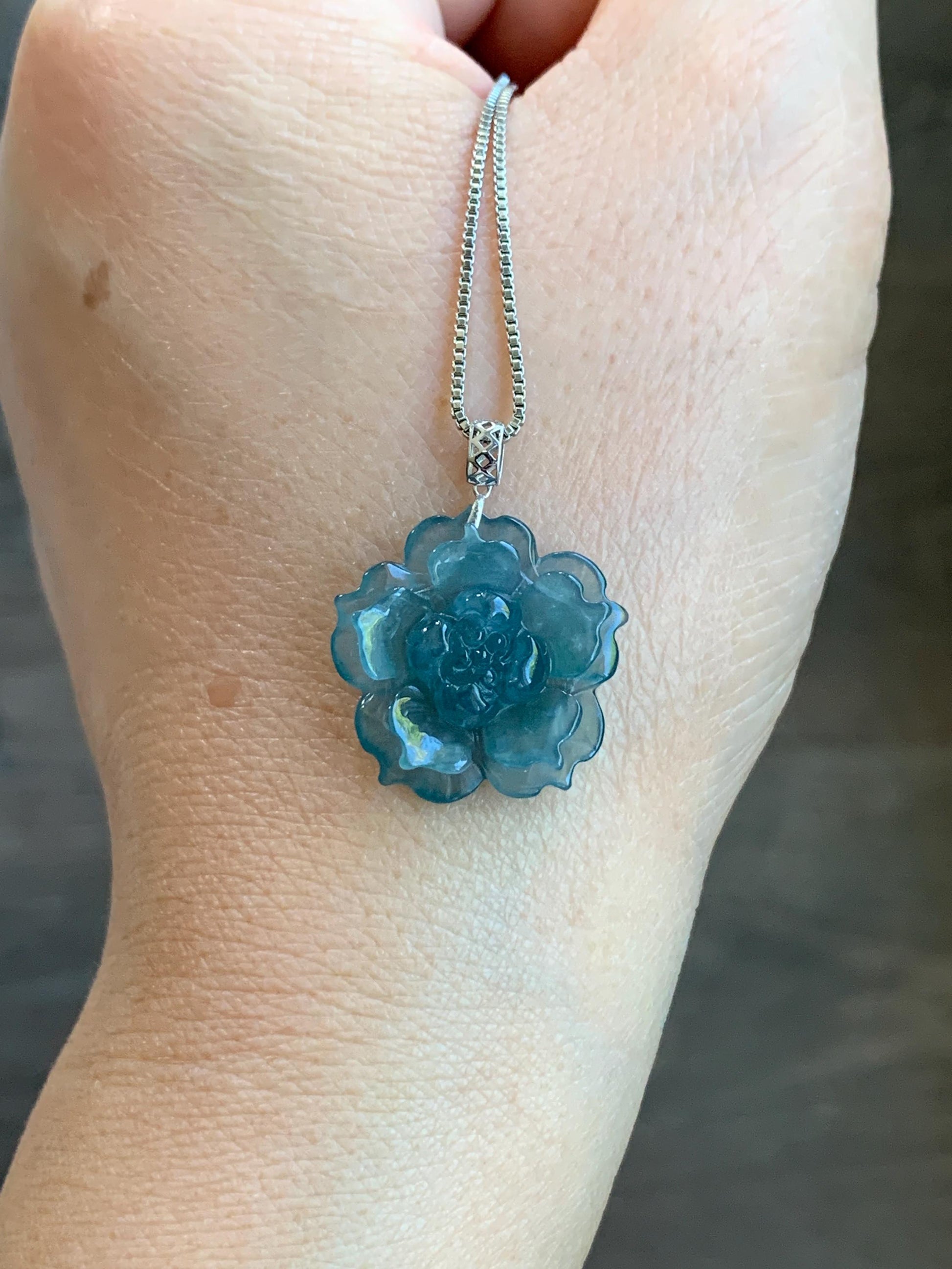 Natural Guatemalan Icy Highly Translucent Teal Blue Jadeite Lotus Flower Pendant 18K White Gold 天然冰危湖水蓝翡翠莲花镶嵌吊坠 LDSL