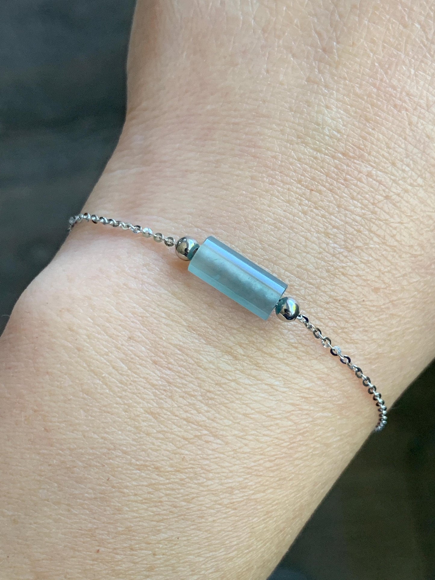 Natural Guatemalan Icy Highly Translucent Light Blue Jadeite Cylinder Bead Chain Bracelet Sterling Silver Adjustable 天然危料起冰起光淡蓝翡翠冰柱针式银手链