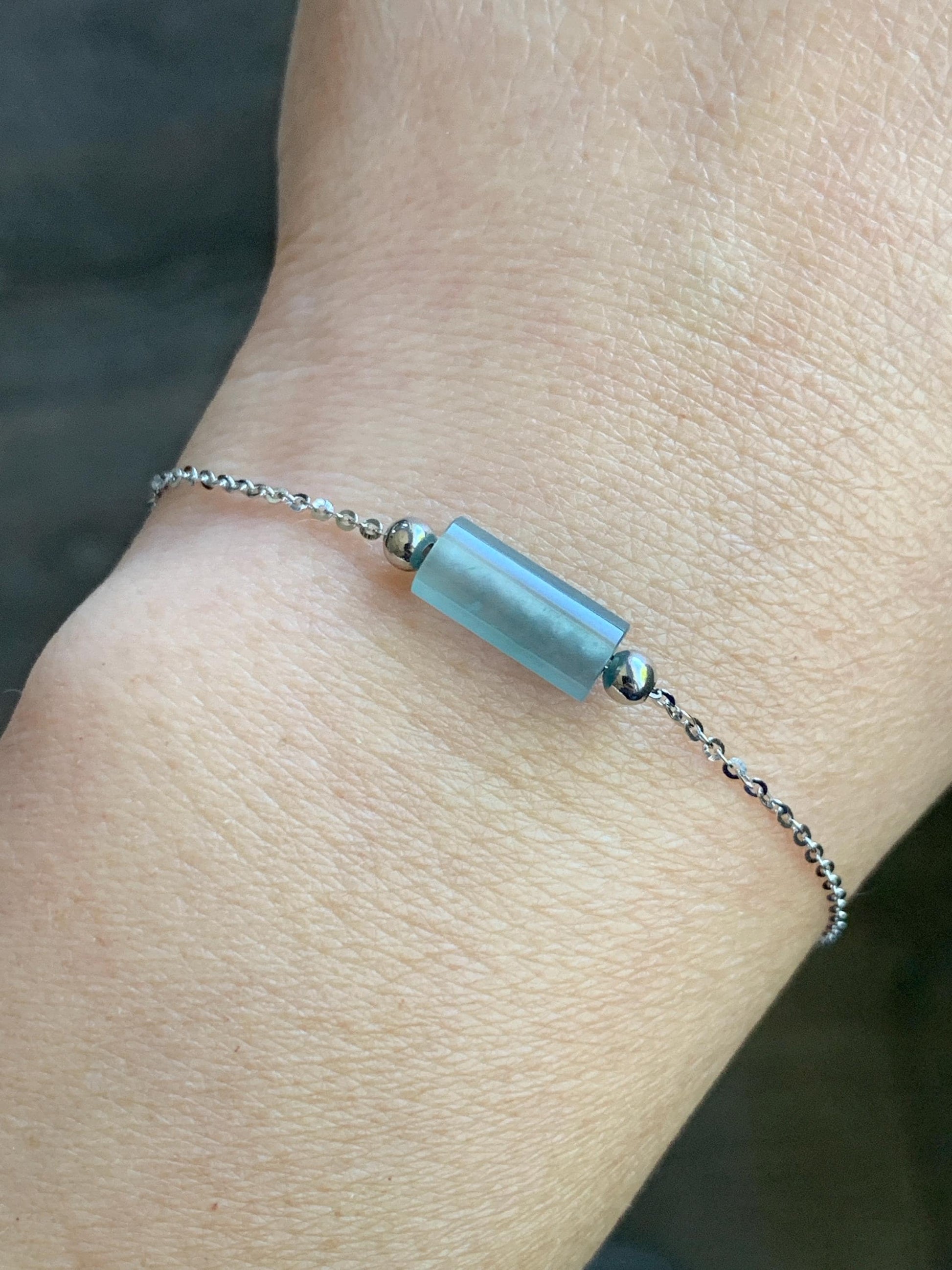 Natural Guatemalan Icy Highly Translucent Light Blue Jadeite Cylinder Bead Chain Bracelet Sterling Silver Adjustable 天然危料起冰起光淡蓝翡翠冰柱针式银手链