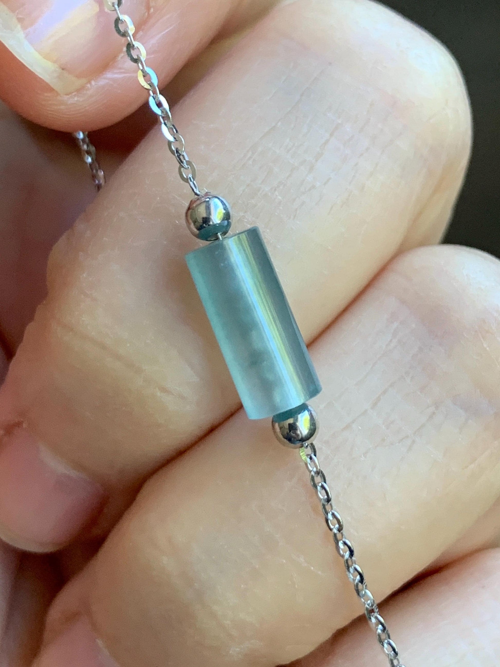 Natural Guatemalan Icy Highly Translucent Light Blue Jadeite Cylinder Bead Chain Bracelet Sterling Silver Adjustable 天然危料起冰起光淡蓝翡翠冰柱针式银手链