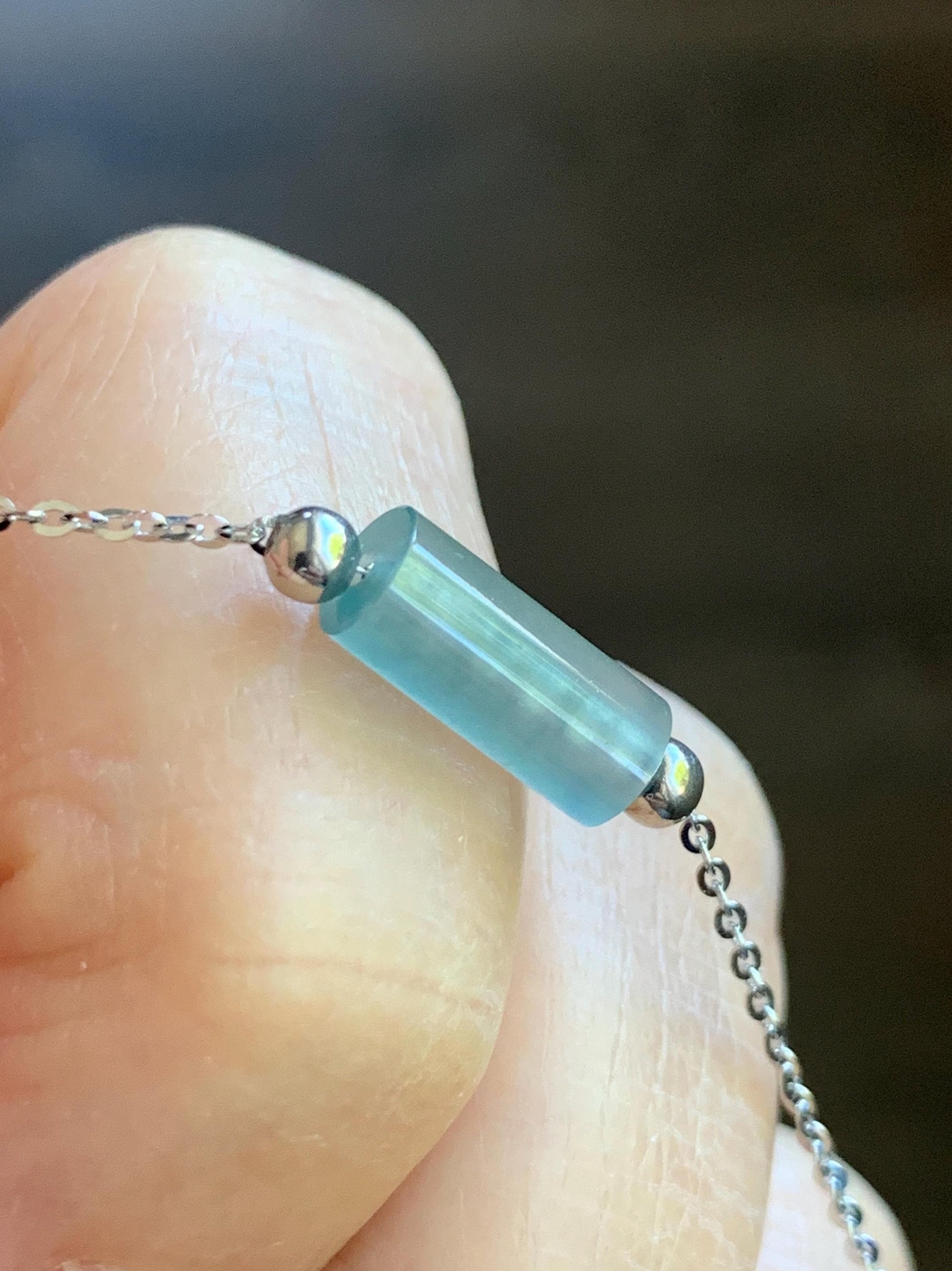 Natural Guatemalan Icy Highly Translucent Light Blue Jadeite Cylinder Bead Chain Bracelet Sterling Silver Adjustable 天然危料起冰起光淡蓝翡翠冰柱针式银手链