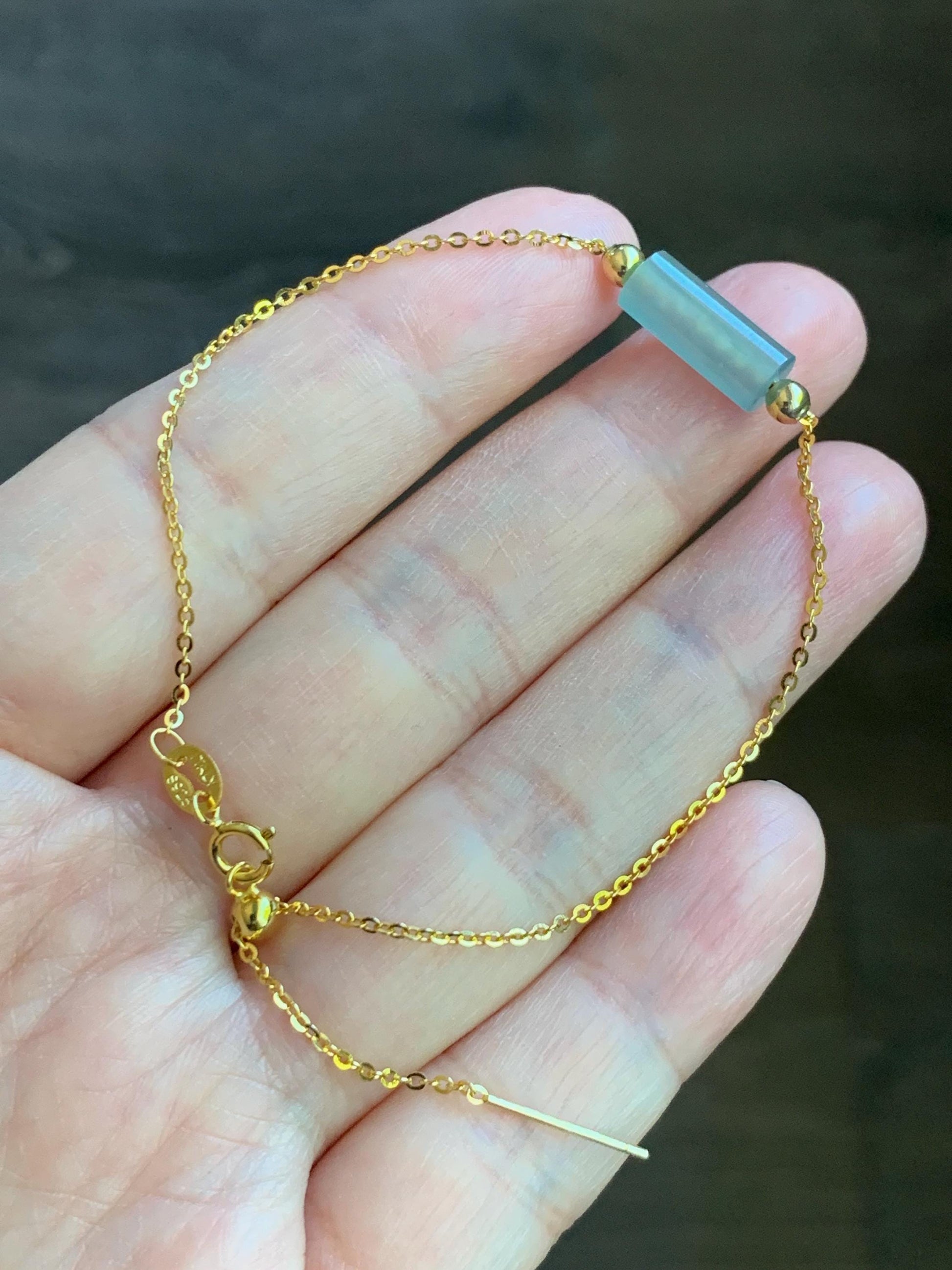 Natural Guatemalan Icy Highly Translucent Light Blue Jadeite Cylinder Bead Chain Bracelet Sterling Silver Adjustable 天然危料起冰起光淡蓝翡翠冰柱针式银手链