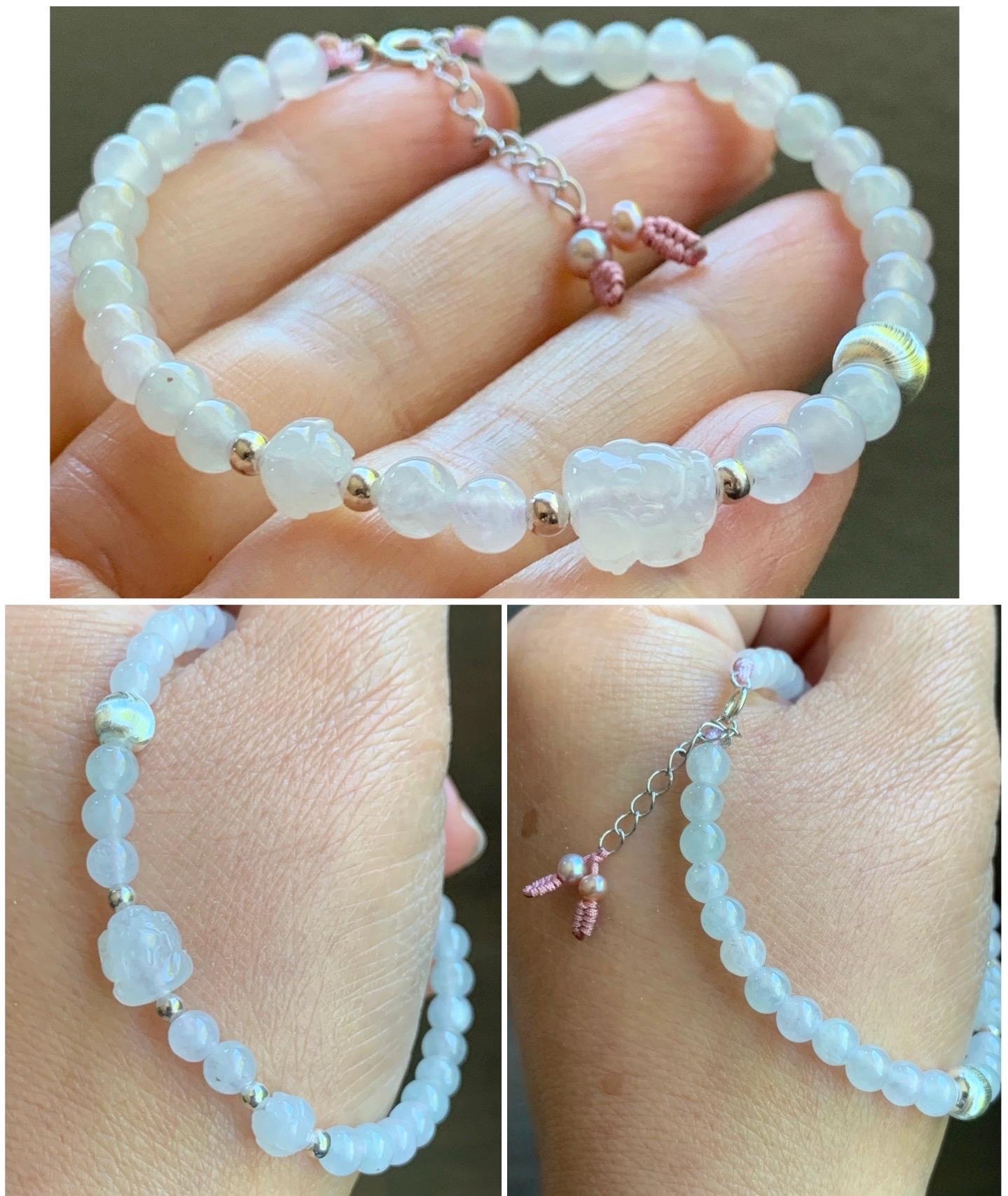Natural Burmese Icy Highly Translucent Icy White Jadeite Pixiu Lotus Flower Beaded Bracelet Sterling Silver 6.75”-7.75” 7g 天然缅甸白冰胶翡翠貔貅莲花珠手串