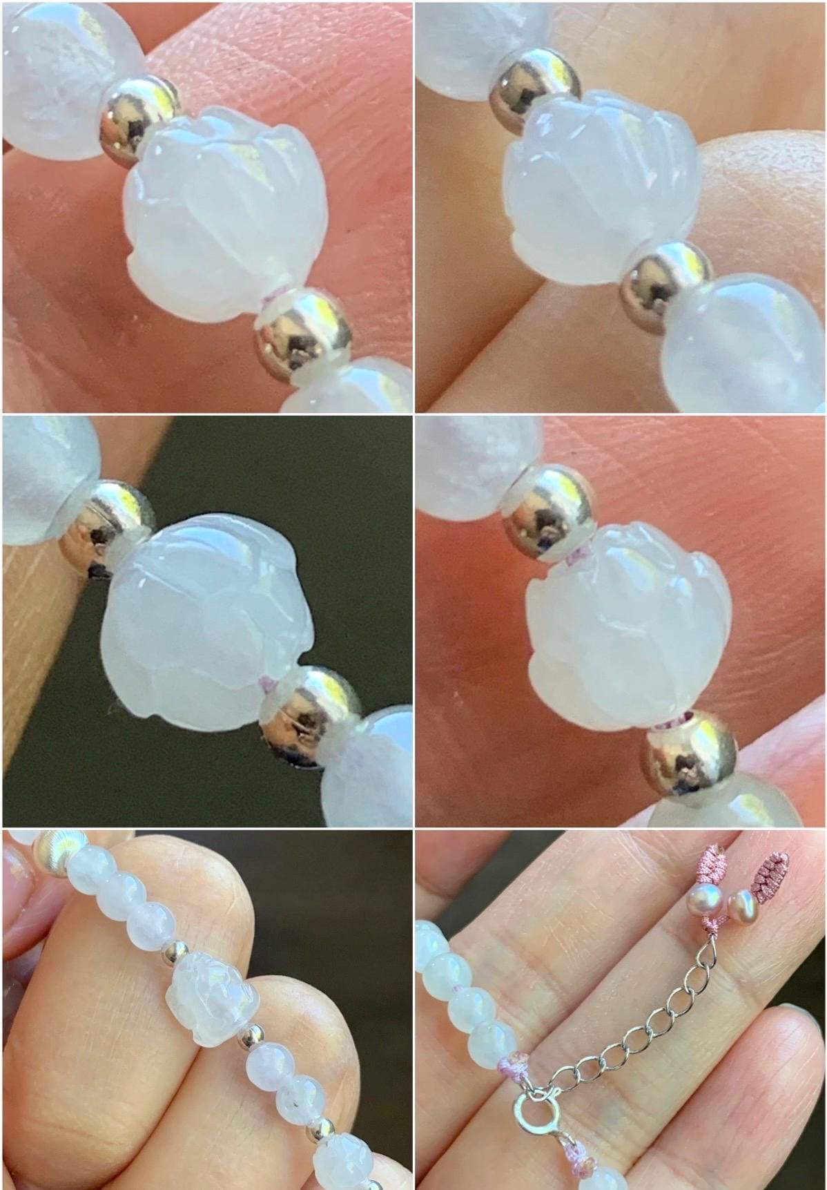 Natural Burmese Icy Highly Translucent Icy White Jadeite Pixiu Lotus Flower Beaded Bracelet Sterling Silver 6.75”-7.75” 7g 天然缅甸白冰胶翡翠貔貅莲花珠手串