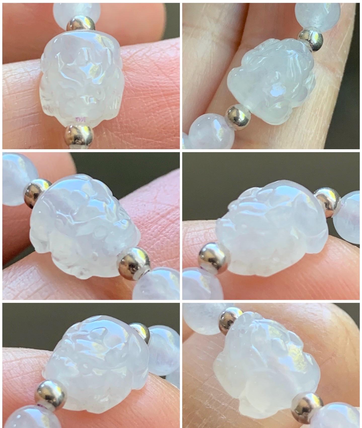 Natural Burmese Icy Highly Translucent Icy White Jadeite Pixiu Lotus Flower Beaded Bracelet Sterling Silver 6.75”-7.75” 7g 天然缅甸白冰胶翡翠貔貅莲花珠手串