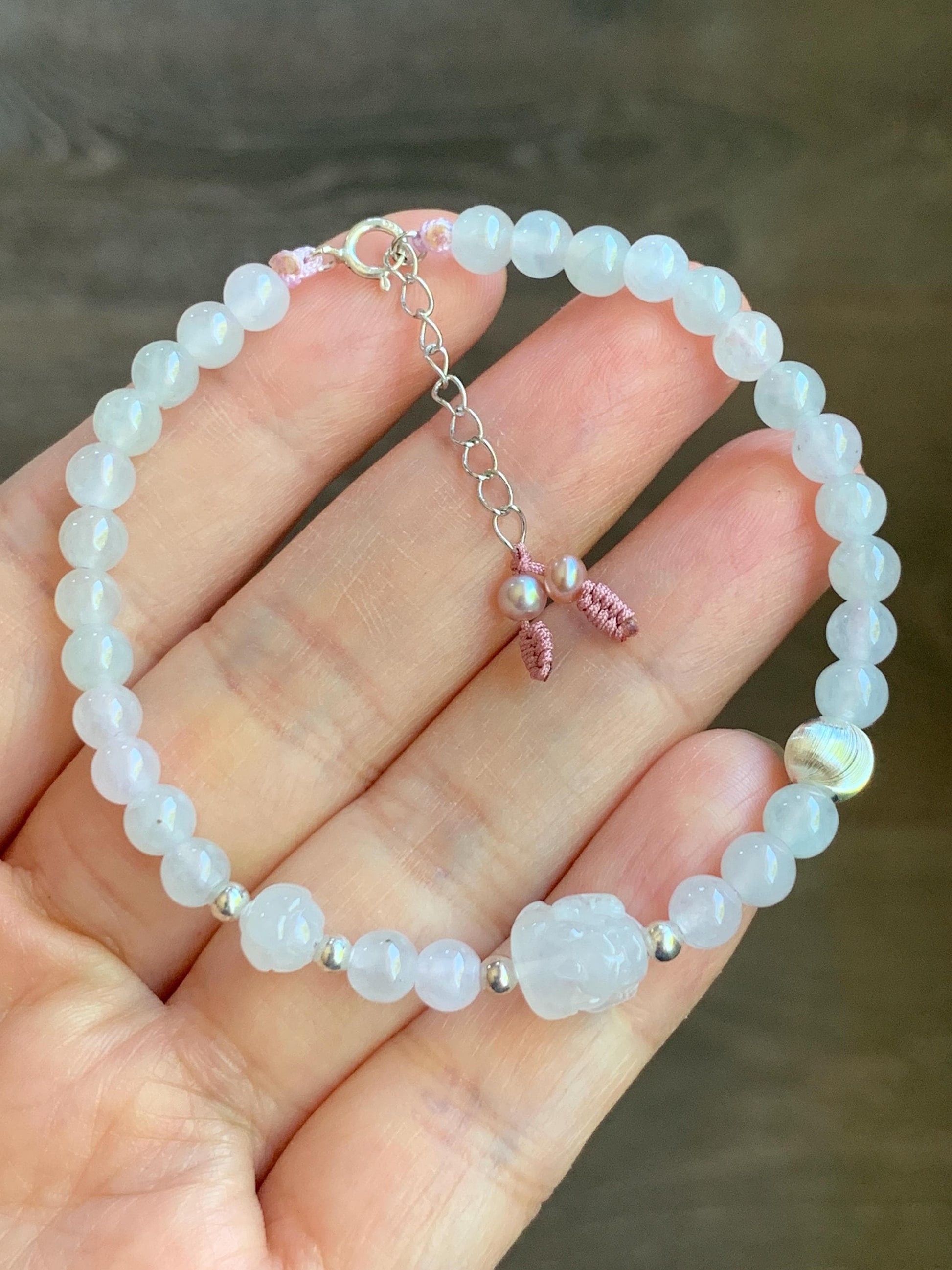Natural Burmese Icy Highly Translucent Icy White Jadeite Pixiu Lotus Flower Beaded Bracelet Sterling Silver 6.75”-7.75” 7g 天然缅甸白冰胶翡翠貔貅莲花珠手串