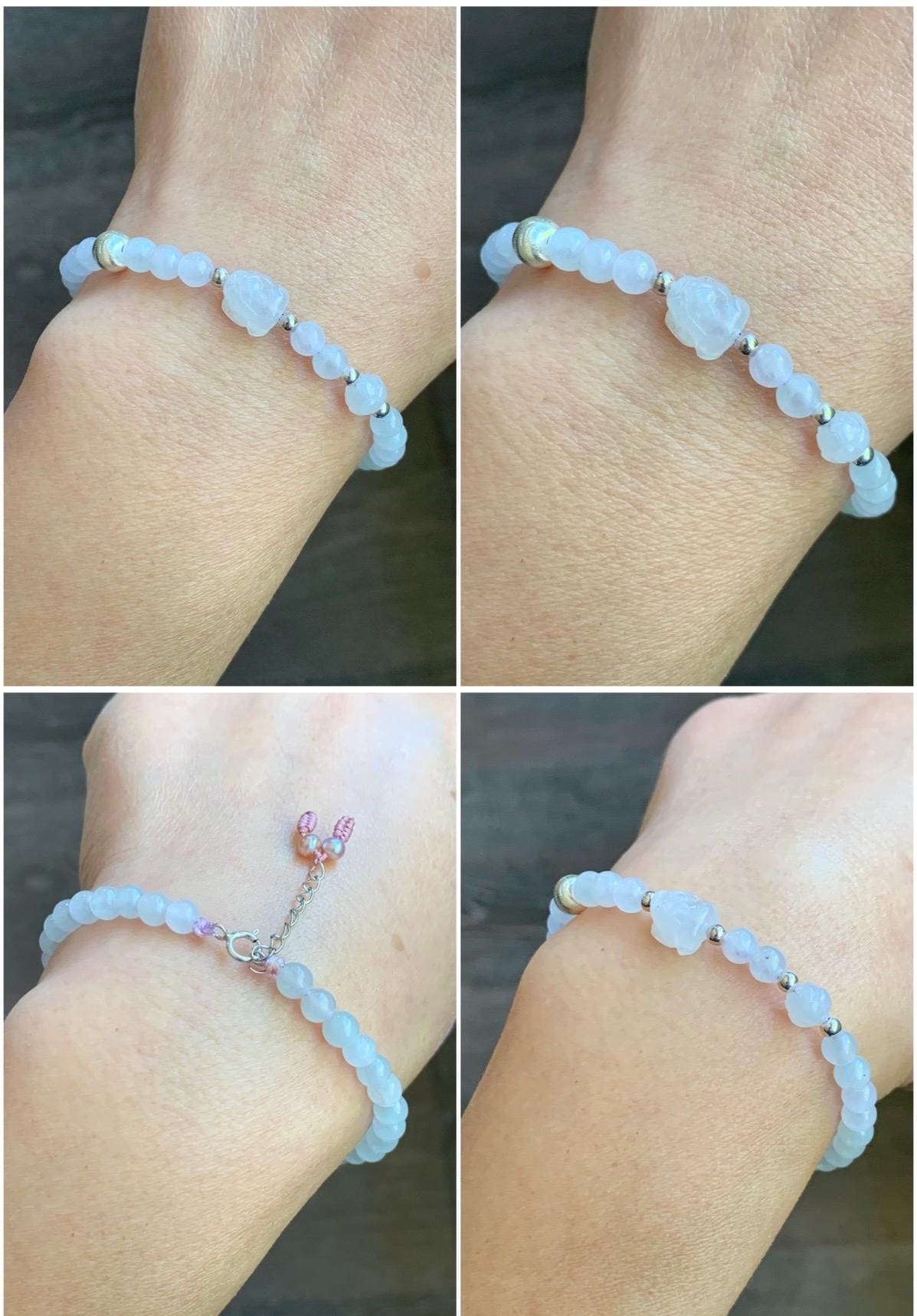 Natural Burmese Icy Highly Translucent Icy White Jadeite Pixiu Lotus Flower Beaded Bracelet Sterling Silver 6.75”-7.75” 7g 天然缅甸白冰胶翡翠貔貅莲花珠手串