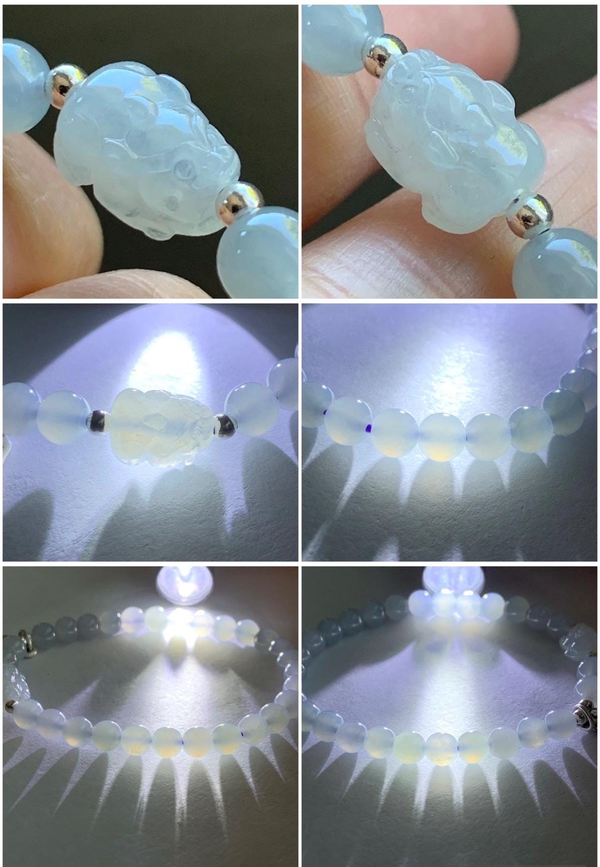 Natural Burmese Icy Highly Translucent Gelatinous Light Blue Jadeite Pixiu Beaded Bracelet Sterling Silver 5.8mm 7” 12g 天然缅甸冰胶淡蓝底翡翠貔貅手串