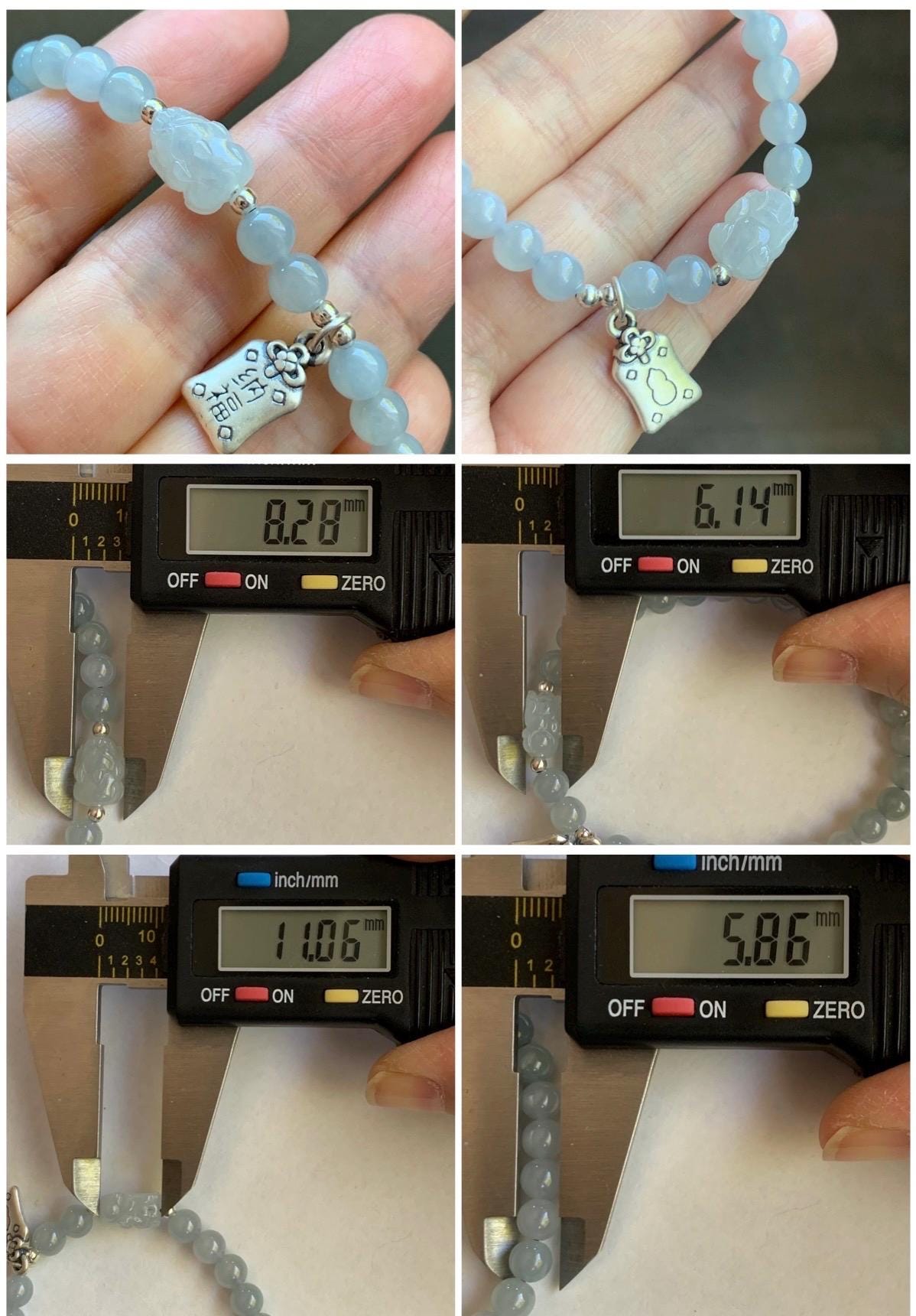 Natural Burmese Icy Highly Translucent Gelatinous Light Blue Jadeite Pixiu Beaded Bracelet Sterling Silver 5.8mm 7” 12g 天然缅甸冰胶淡蓝底翡翠貔貅手串