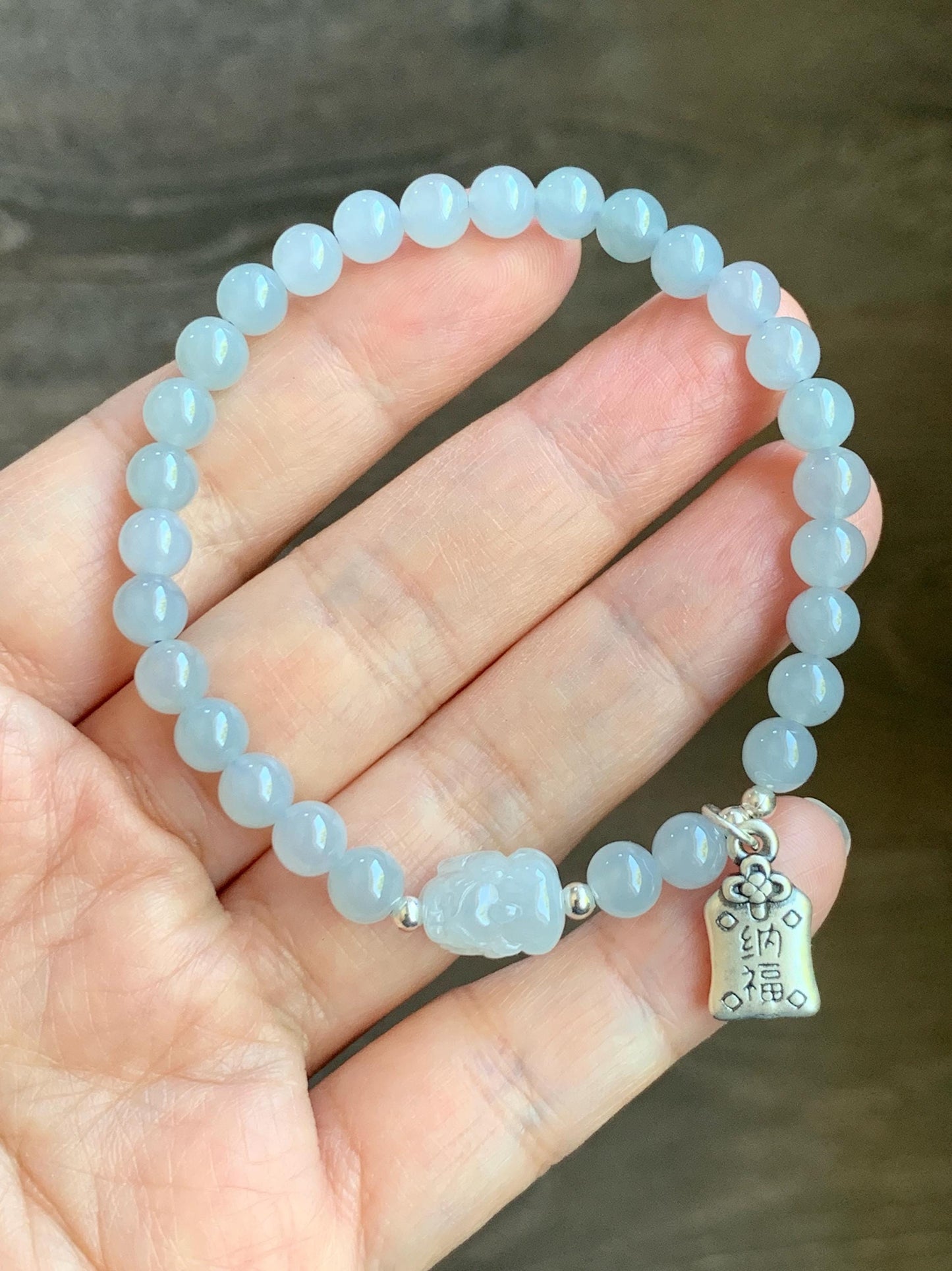 Natural Burmese Icy Highly Translucent Gelatinous Light Blue Jadeite Pixiu Beaded Bracelet Sterling Silver 5.8mm 7” 12g 天然缅甸冰胶淡蓝底翡翠貔貅手串