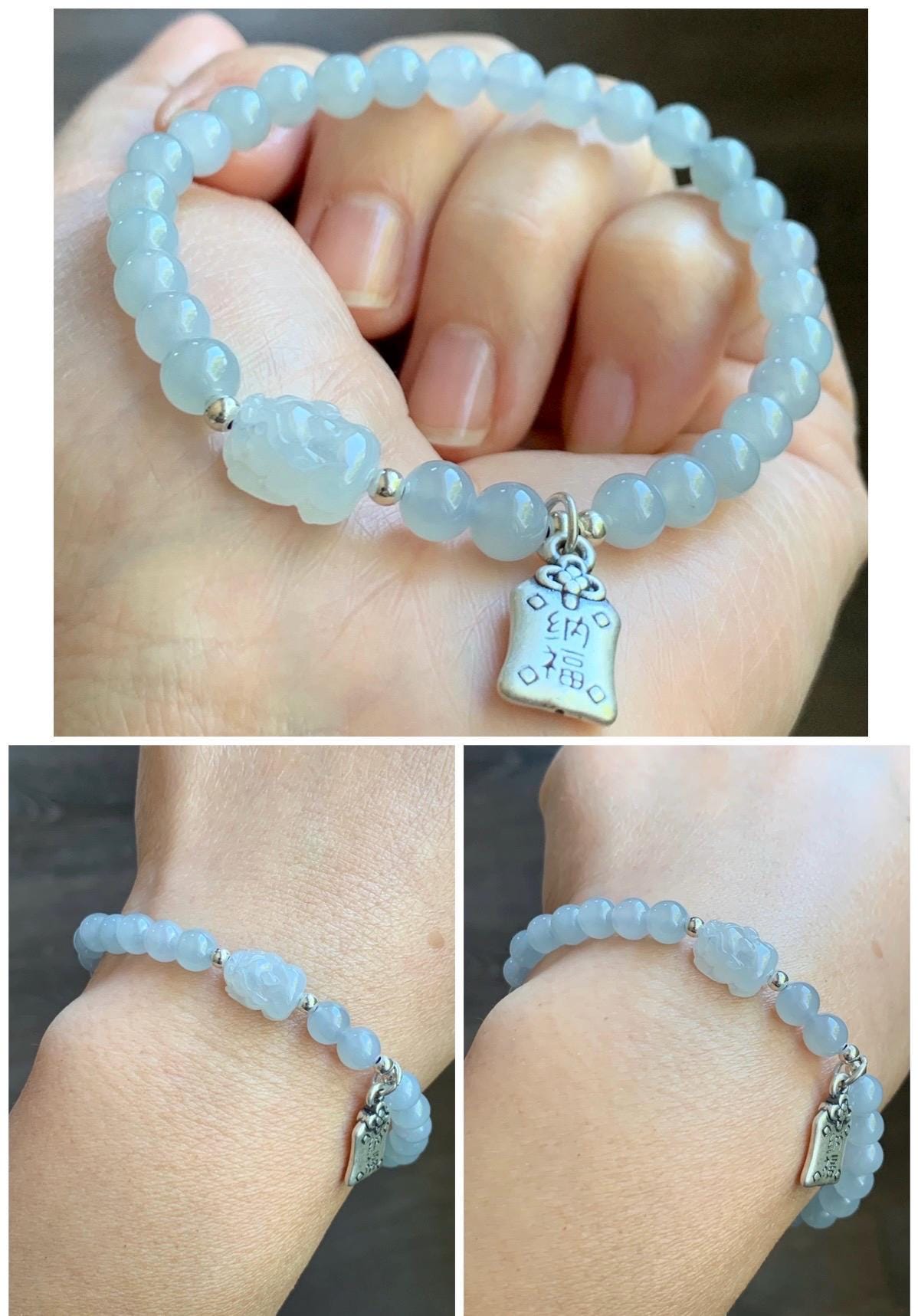 Natural Burmese Icy Highly Translucent Gelatinous Light Blue Jadeite Pixiu Beaded Bracelet Sterling Silver 5.8mm 7” 12g 天然缅甸冰胶淡蓝底翡翠貔貅手串