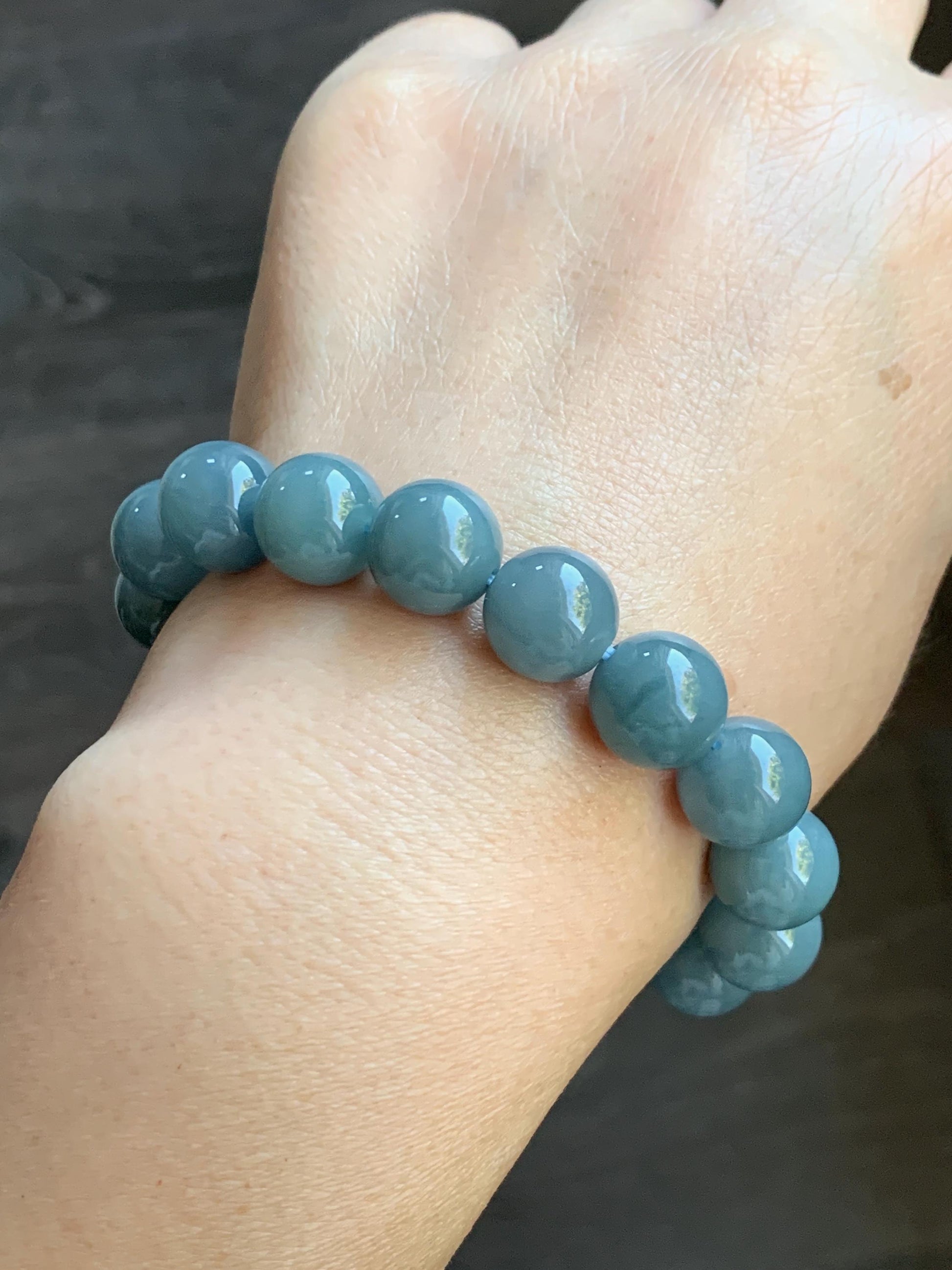 Natural Guatemalan Icy Translucent Dark Dusty Blue Jadeite Large Beads Beaded Bracelet 11.3mm 6.75” 42g 天然冰危蓝翡翠手串 WAL413