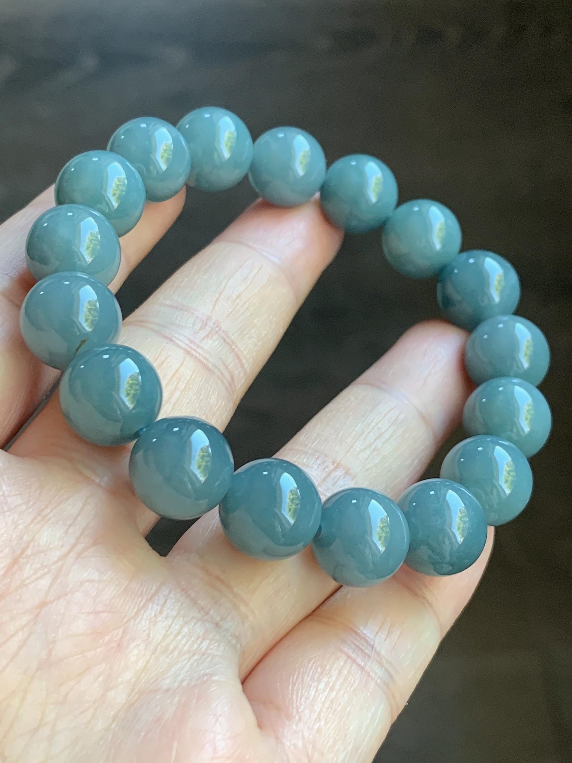 Natural Guatemalan Icy Translucent Dark Dusty Blue Jadeite Large Beads Beaded Bracelet 11.3mm 6.75” 42g 天然冰危蓝翡翠手串 WAL413