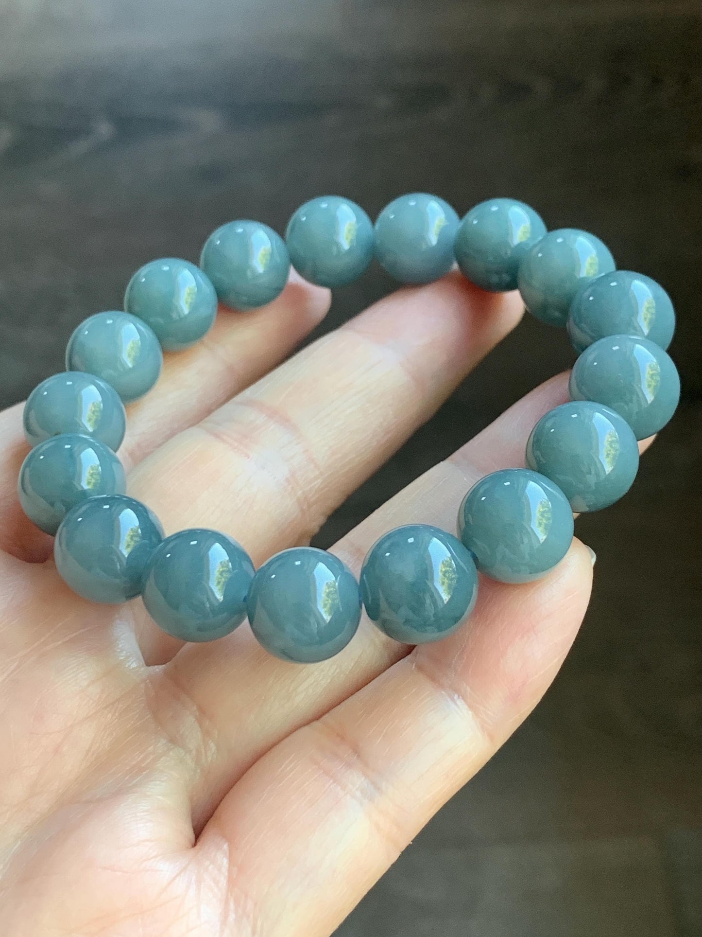 Natural Guatemalan Icy Translucent Dark Dusty Blue Jadeite Large Beads Beaded Bracelet 11.3mm 6.75” 42g 天然冰危蓝翡翠手串 WAL413