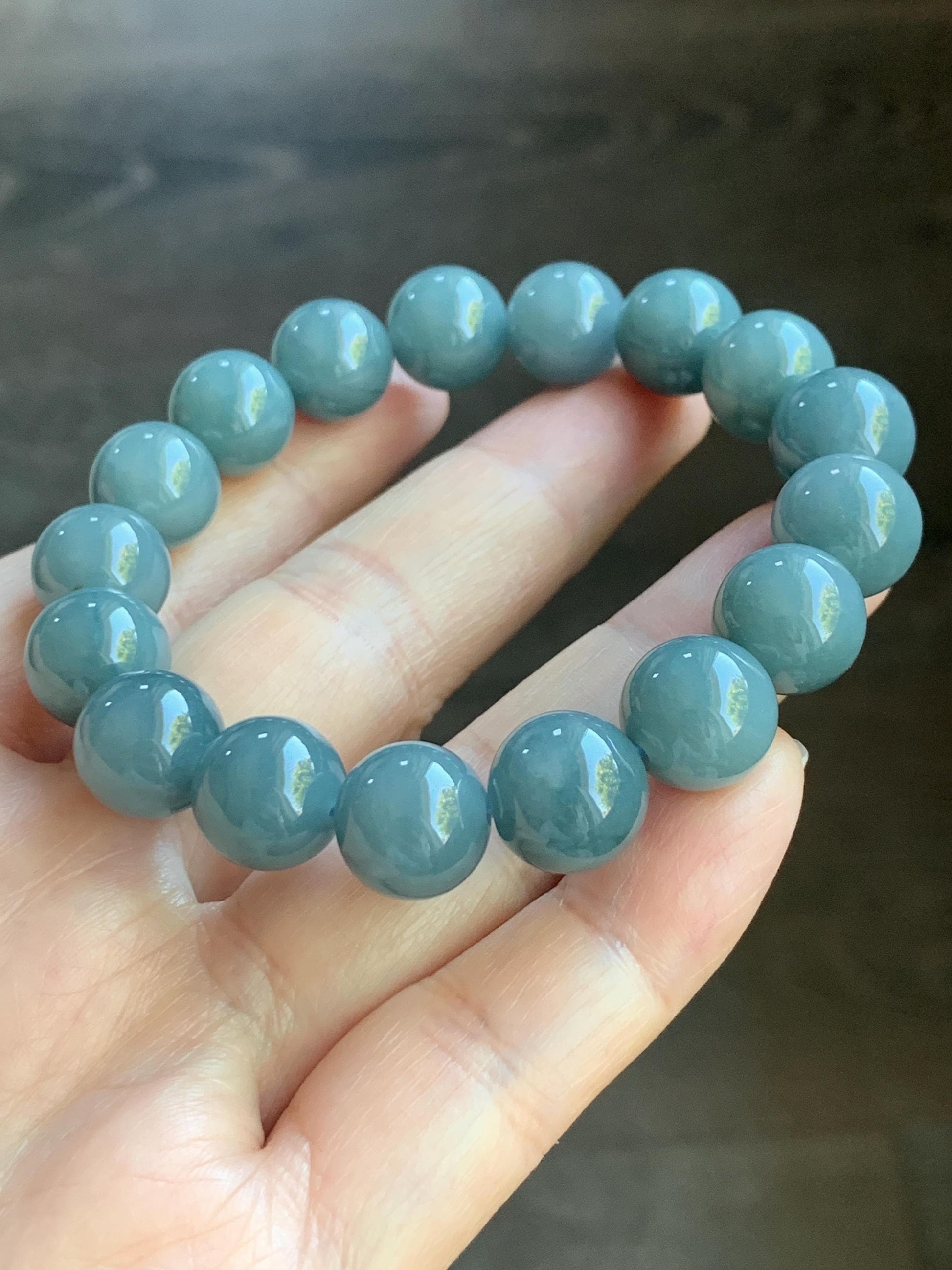 Natural Guatemalan Icy Translucent Dark Dusty Blue Jadeite Large Beads Beaded Bracelet 11.3mm 6.75” 42g 天然冰危蓝翡翠手串 WAL413