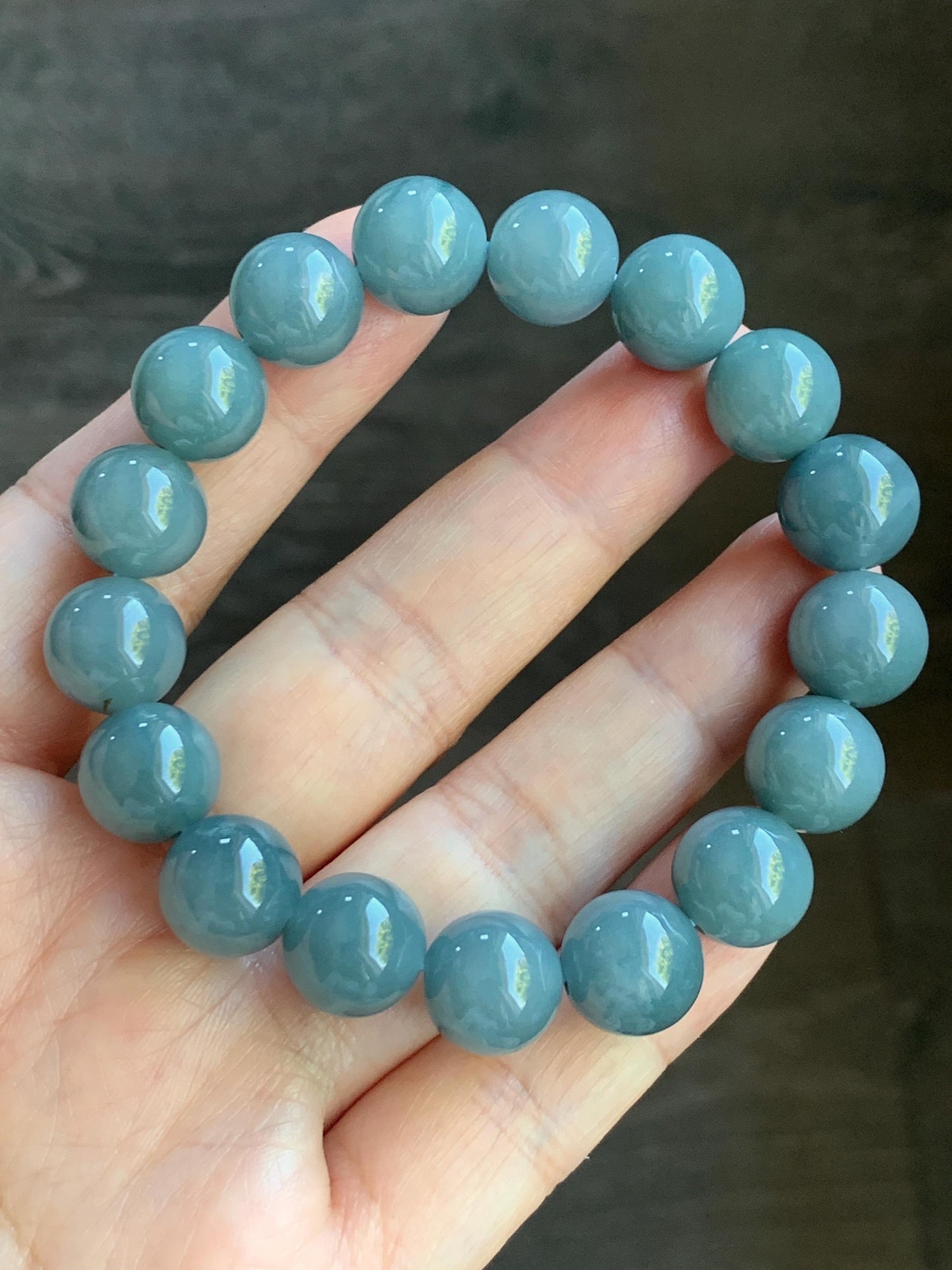 Natural Guatemalan Icy Translucent Dark Dusty Blue Jadeite Large Beads Beaded Bracelet 11.3mm 6.75” 42g 天然冰危蓝翡翠手串 WAL413