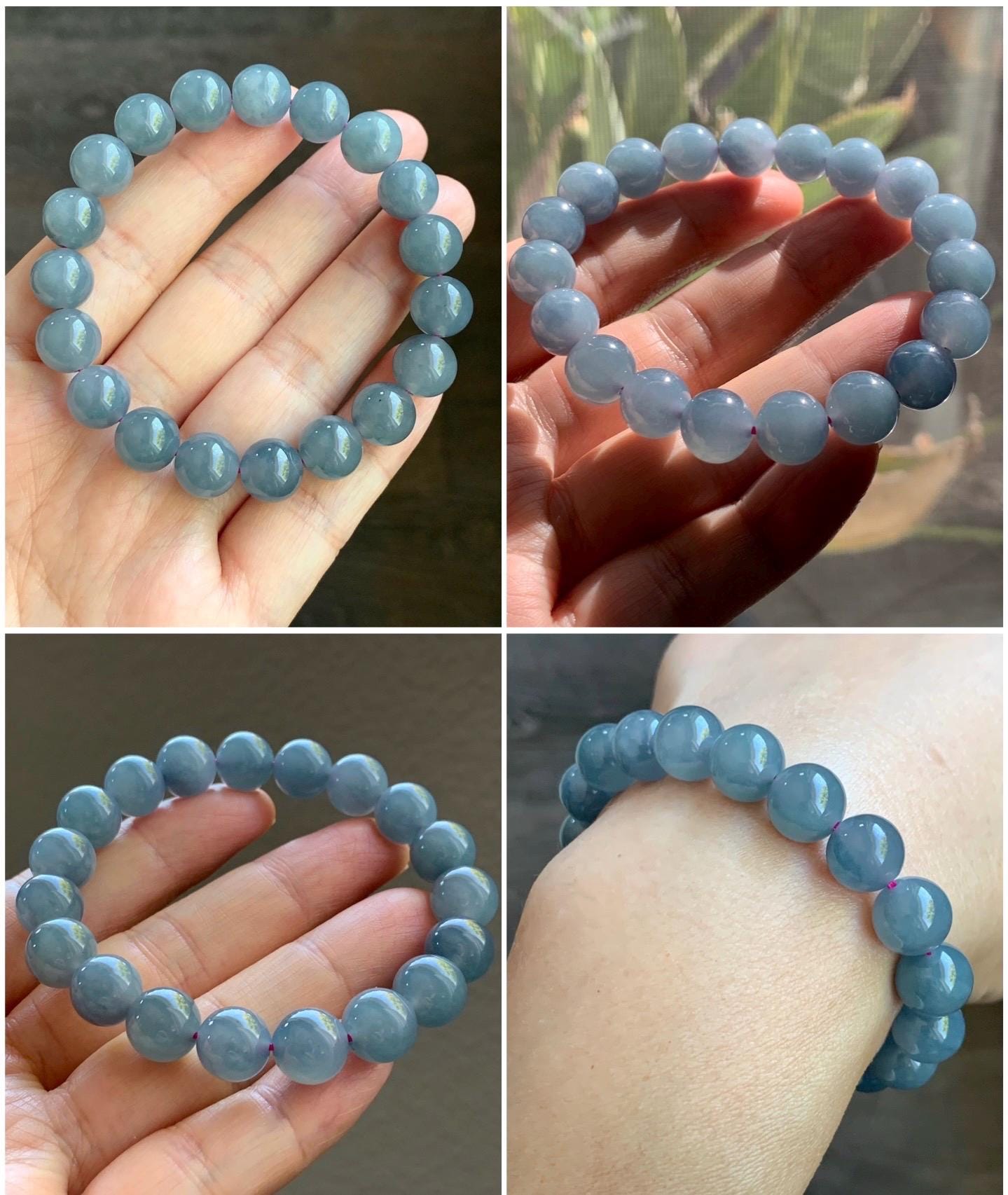 Certified Natural Guatemalan Icy Highly Translucent Dusty Purplish Blue Jadeite Beaded Bracelet 9.7mm 6.75” 30.1 天然老种冰危蓝紫飘花翡翠圆珠手串 6898