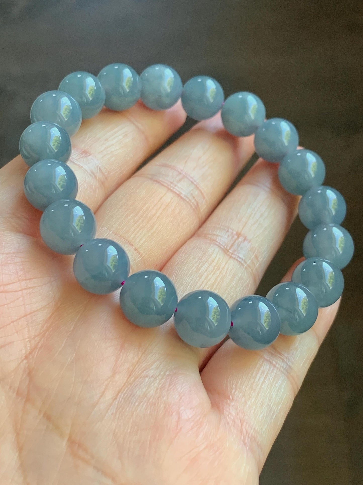 Certified Natural Guatemalan Icy Highly Translucent Dusty Purplish Blue Jadeite Beaded Bracelet 9.7mm 6.75” 30.1 天然老种冰危蓝紫飘花翡翠圆珠手串 6898