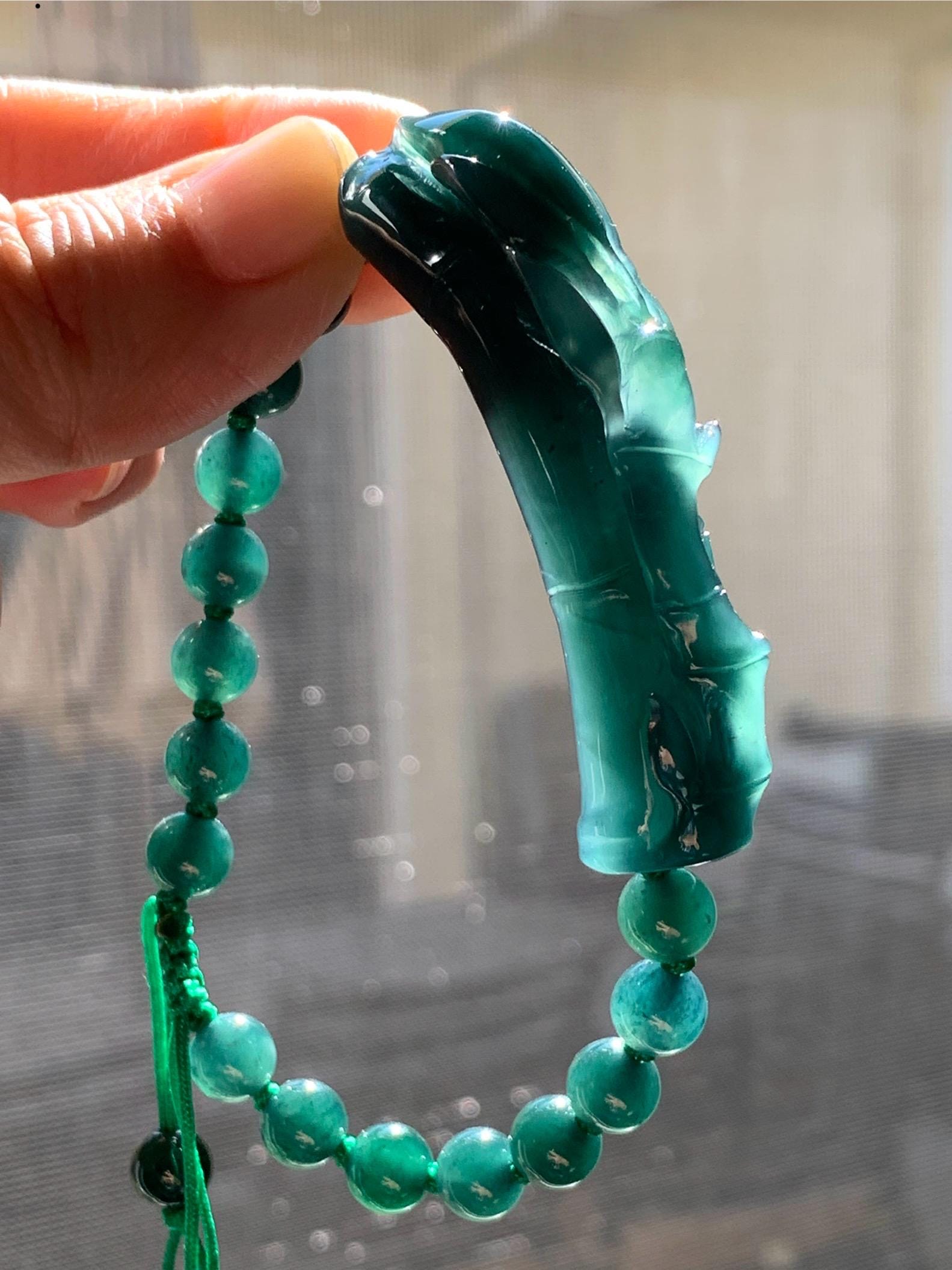 Natural Guatemalan Icy Highly Translucent Gelatinous Dark Teal Green Jadeite Bamboo Cuff Beaded Bracelet 6.7mm 7.5” 27g 天然冰胶老种危湖水绿翡翠竹节手牌手串