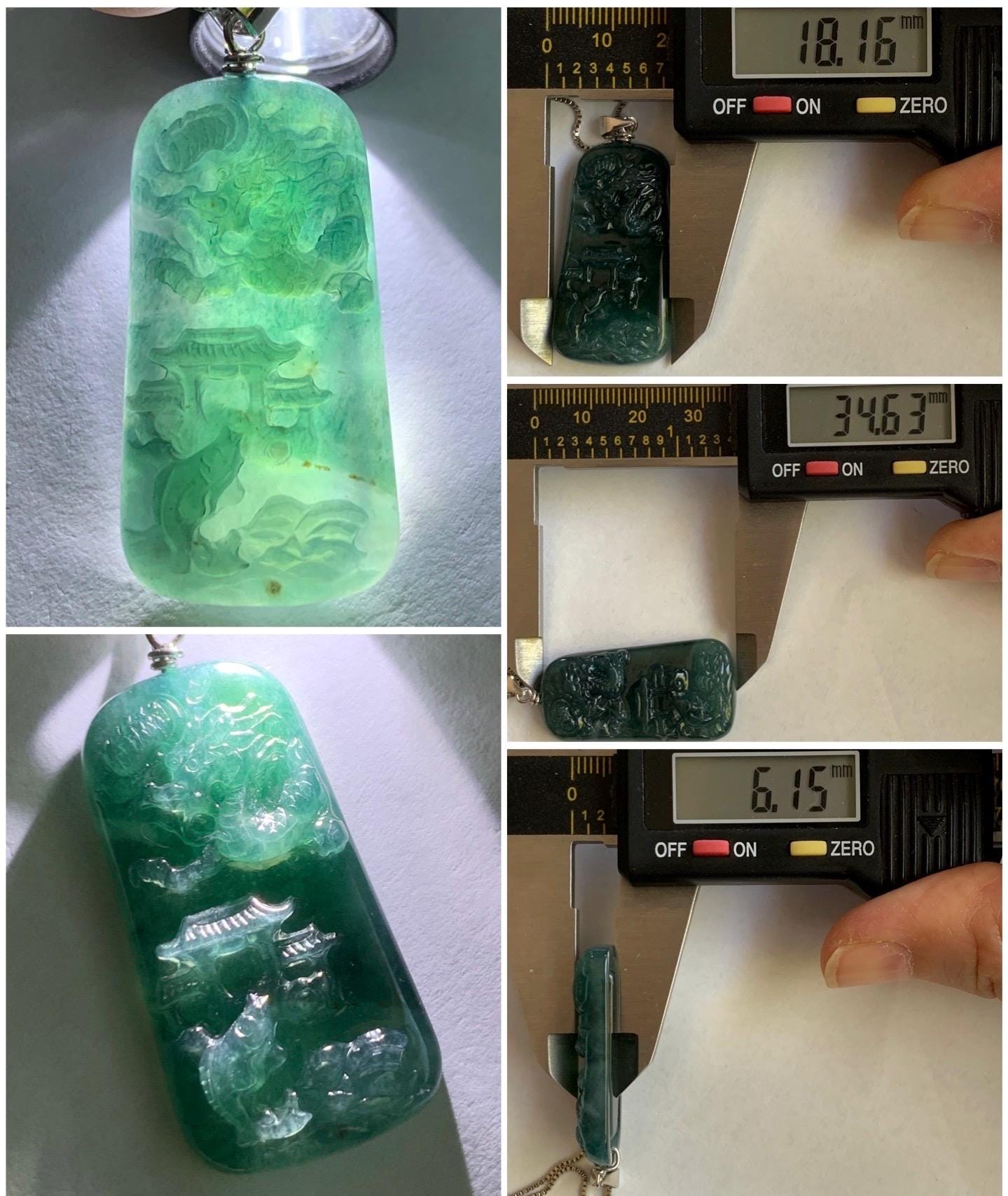 Natural Guatemalan Dark Teal Blue Jadeite Carved Carp Leaping Over Dragon Gate Pendant Sterling Silver 天然冰危深蓝水翡翠鲤鱼跳龙门吊坠