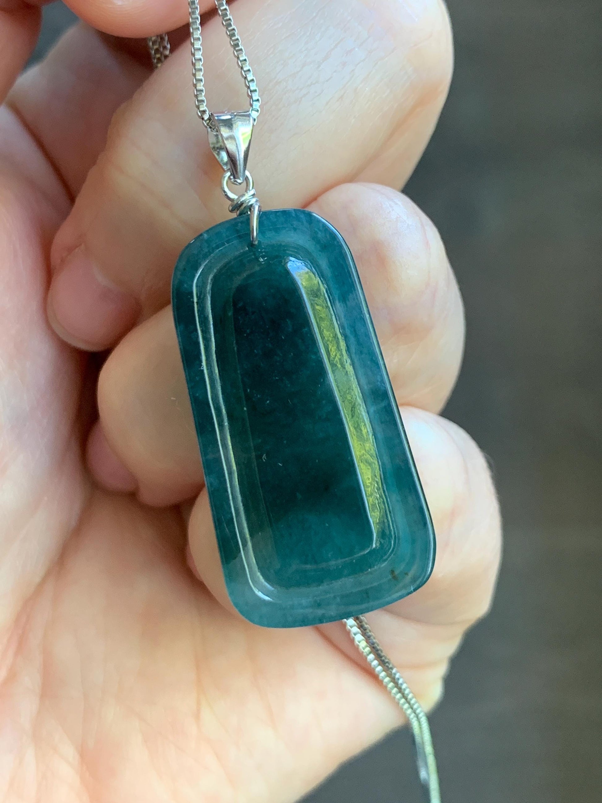 Natural Guatemalan Dark Teal Blue Jadeite Carved Carp Leaping Over Dragon Gate Pendant Sterling Silver 天然冰危深蓝水翡翠鲤鱼跳龙门吊坠