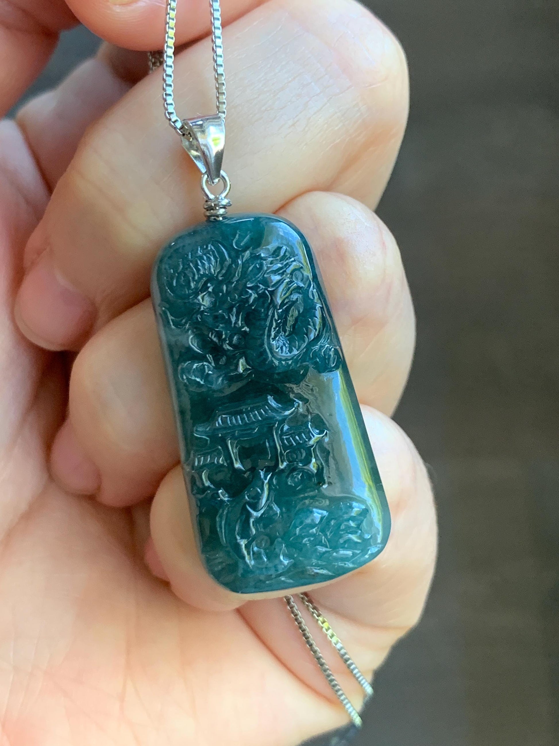Natural Guatemalan Dark Teal Blue Jadeite Carved Carp Leaping Over Dragon Gate Pendant Sterling Silver 天然冰危深蓝水翡翠鲤鱼跳龙门吊坠