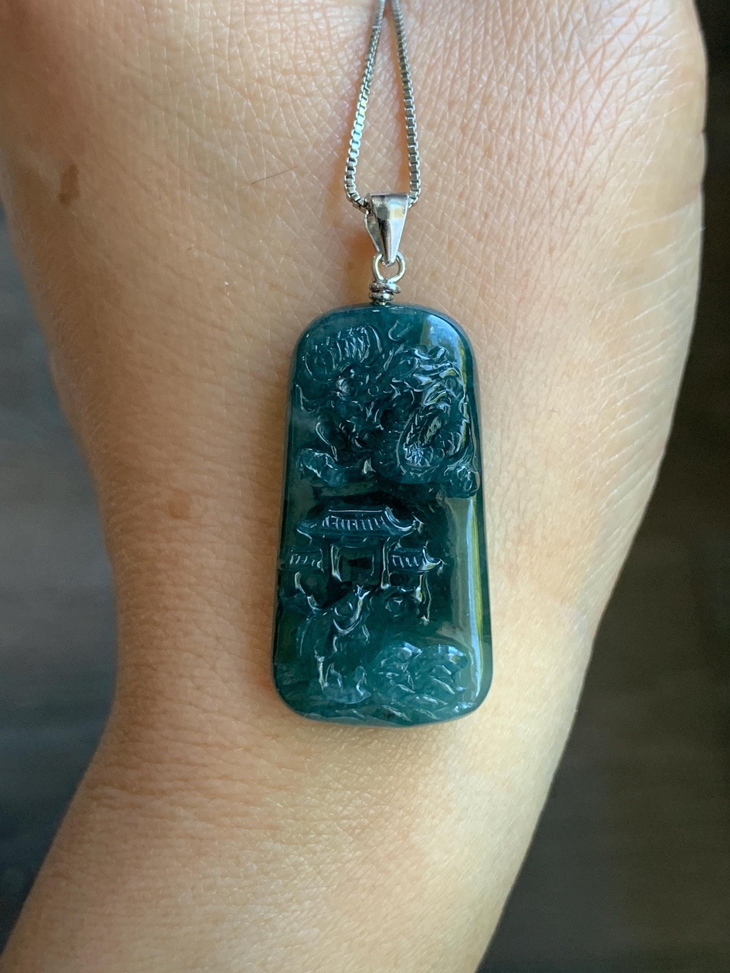 Natural Guatemalan Dark Teal Blue Jadeite Carved Carp Leaping Over Dragon Gate Pendant Sterling Silver 天然冰危深蓝水翡翠鲤鱼跳龙门吊坠