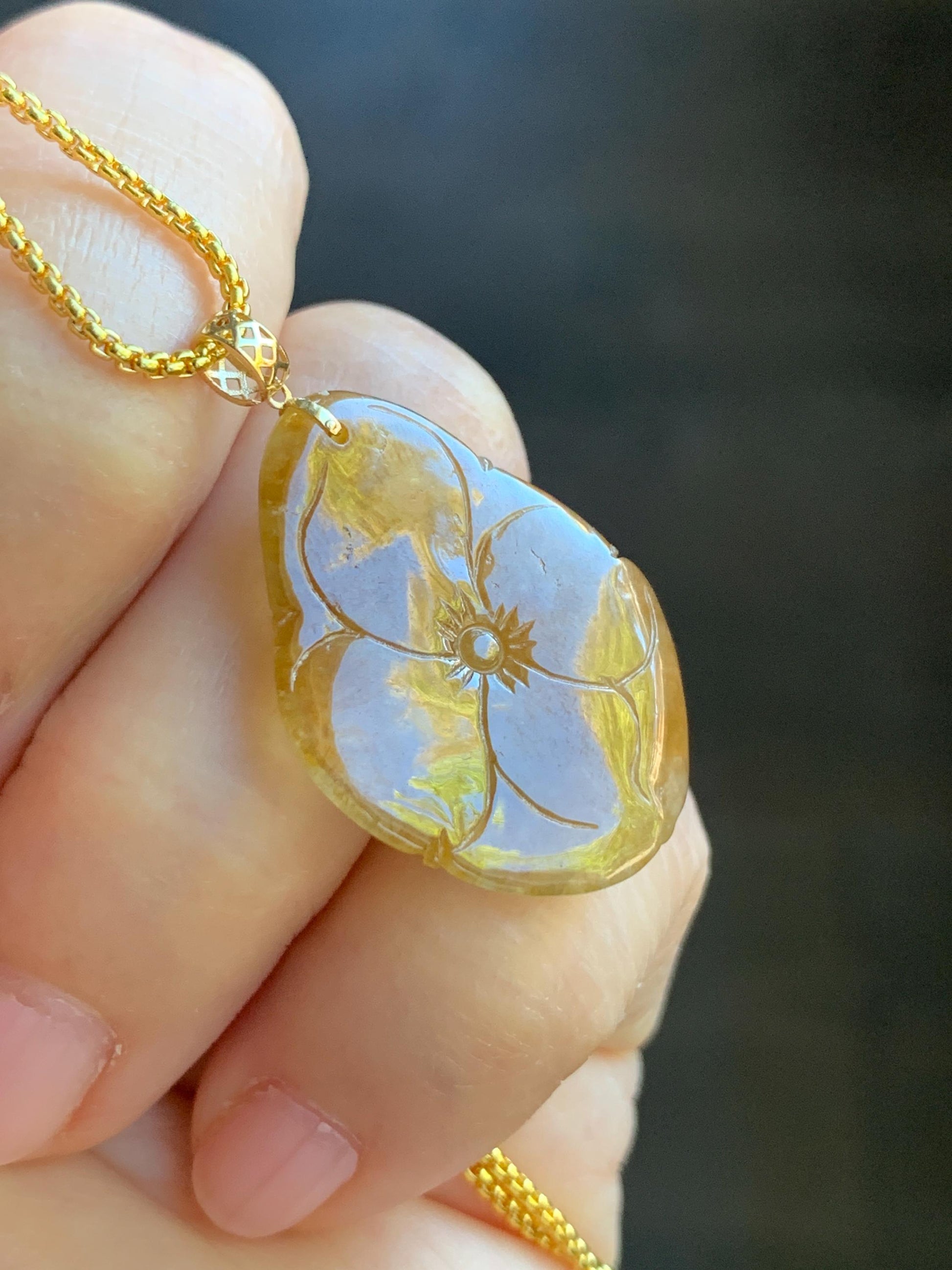 Stunning Natural Burmese Premium Tri-Colored Icy Highly Translucent Jadeite Lotus Flower Goldfish Pendant 18K Yellow Gold 天然缅甸冰黄翡三彩翡翠莲花鱼吊坠