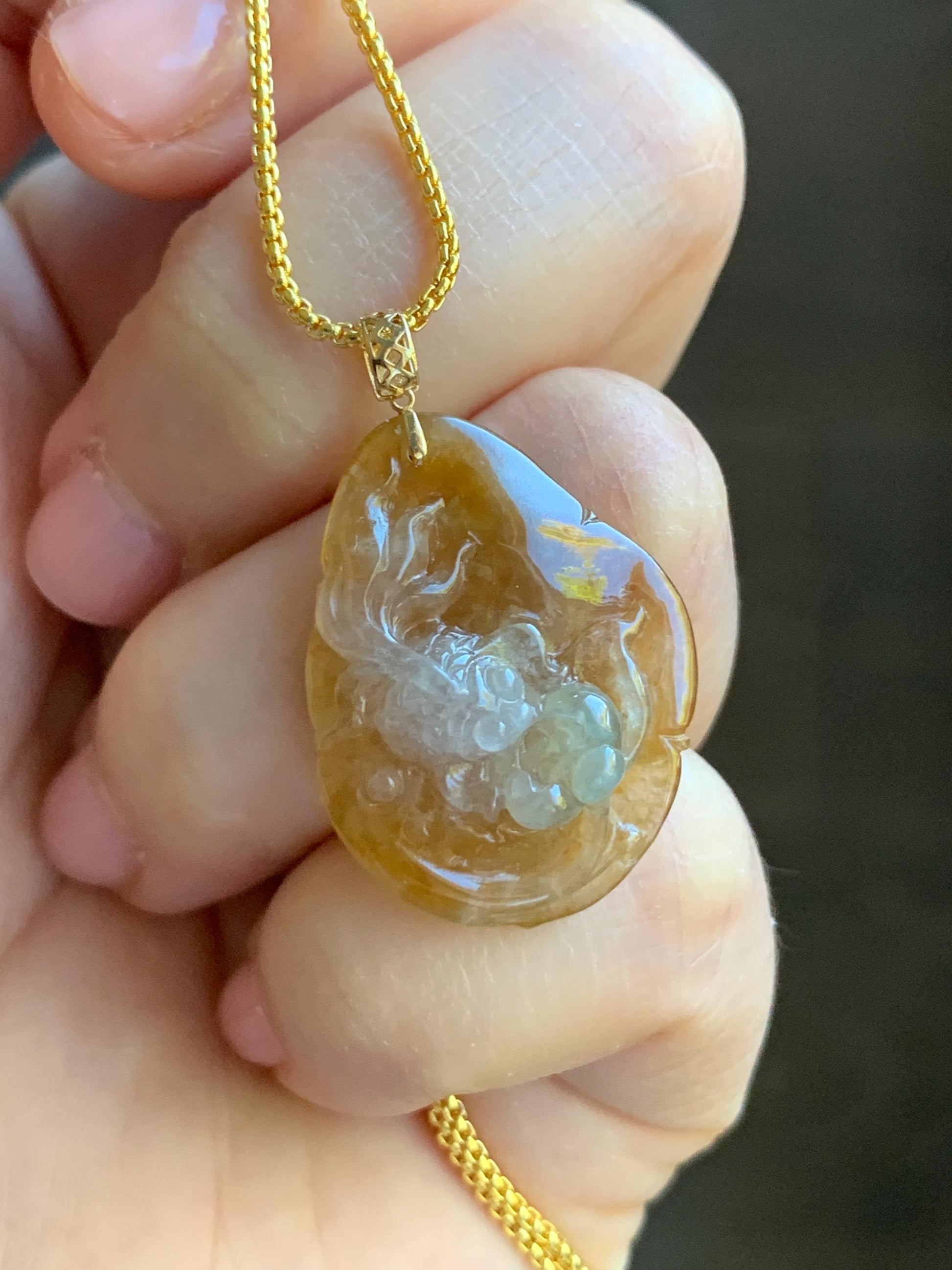 Stunning Natural Burmese Premium Tri-Colored Icy Highly Translucent Jadeite Lotus Flower Goldfish Pendant 18K Yellow Gold 天然缅甸冰黄翡三彩翡翠莲花鱼吊坠