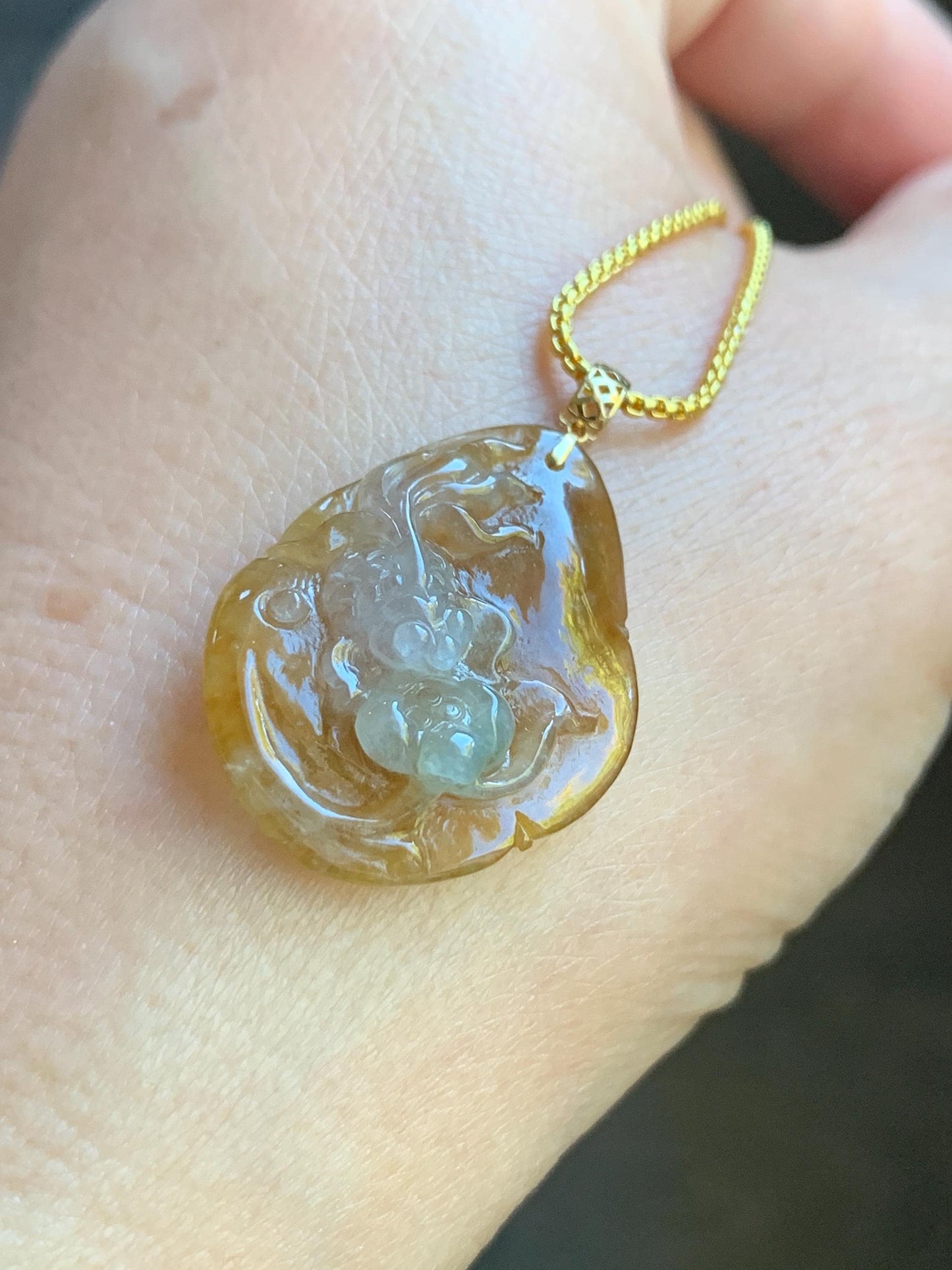 Stunning Natural Burmese Premium Tri-Colored Icy Highly Translucent Jadeite Lotus Flower Goldfish Pendant 18K Yellow Gold 天然缅甸冰黄翡三彩翡翠莲花鱼吊坠