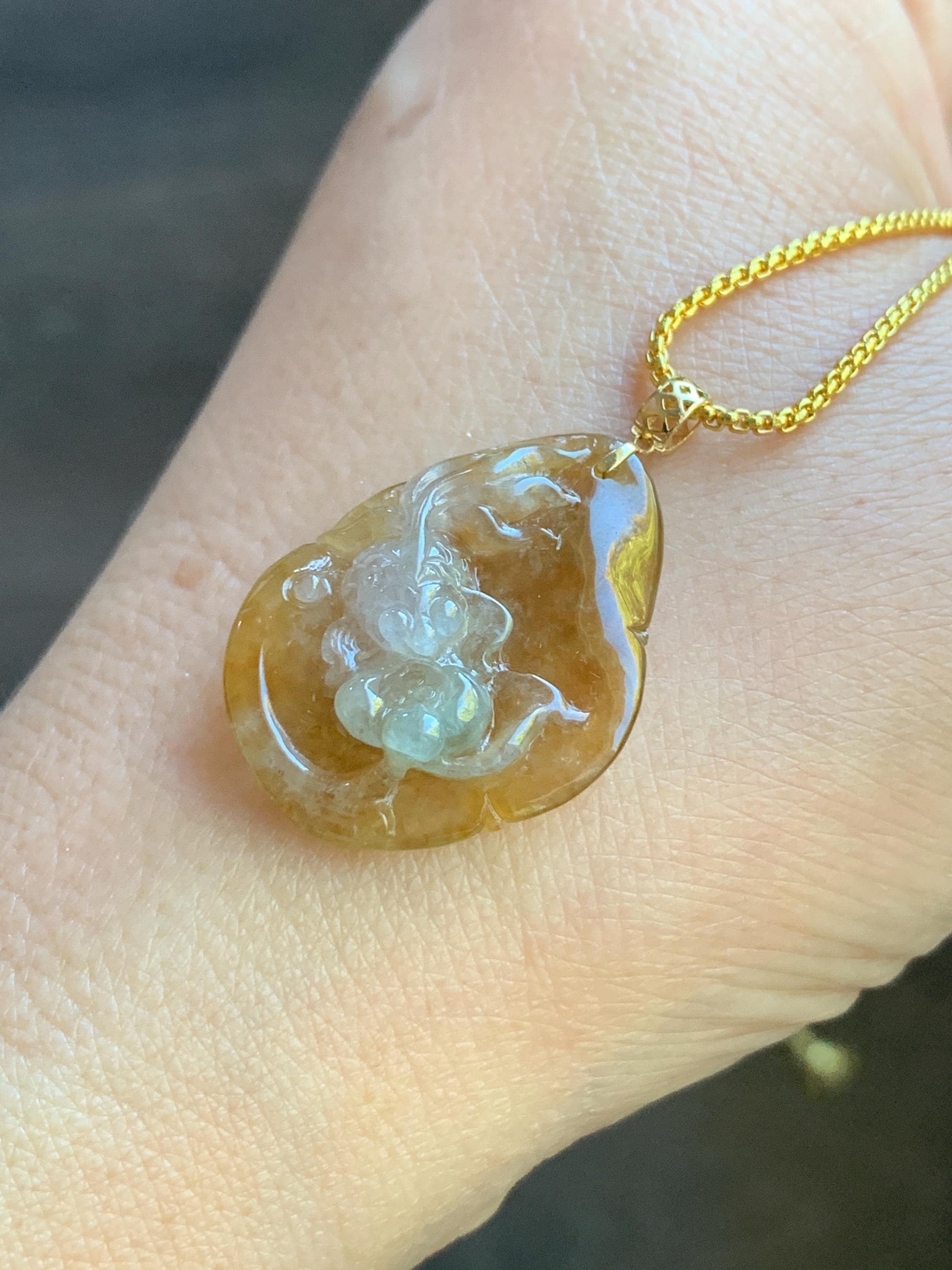 Stunning Natural Burmese Premium Tri-Colored Icy Highly Translucent Jadeite Lotus Flower Goldfish Pendant 18K Yellow Gold 天然缅甸冰黄翡三彩翡翠莲花鱼吊坠