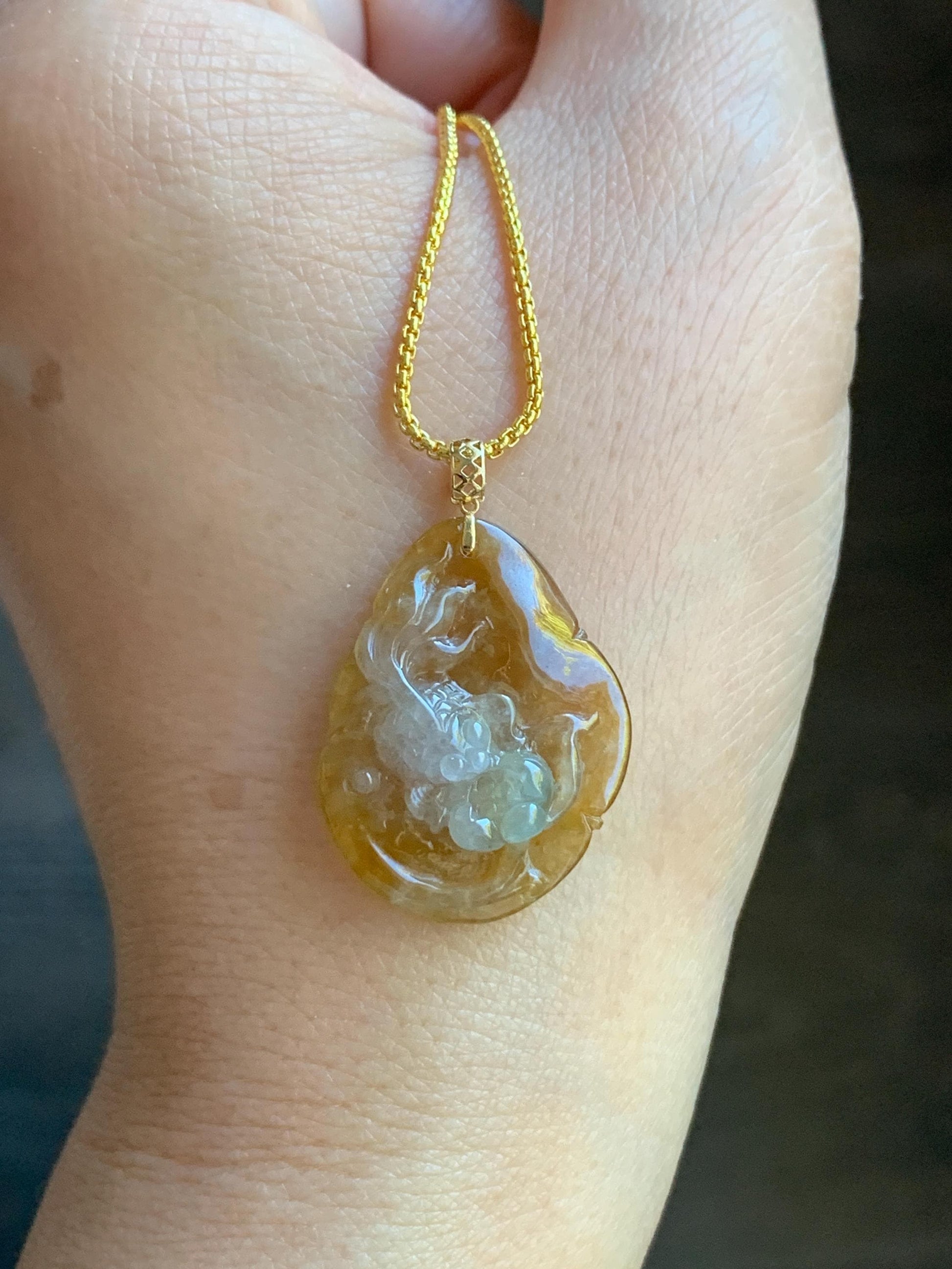Stunning Natural Burmese Premium Tri-Colored Icy Highly Translucent Jadeite Lotus Flower Goldfish Pendant 18K Yellow Gold 天然缅甸冰黄翡三彩翡翠莲花鱼吊坠