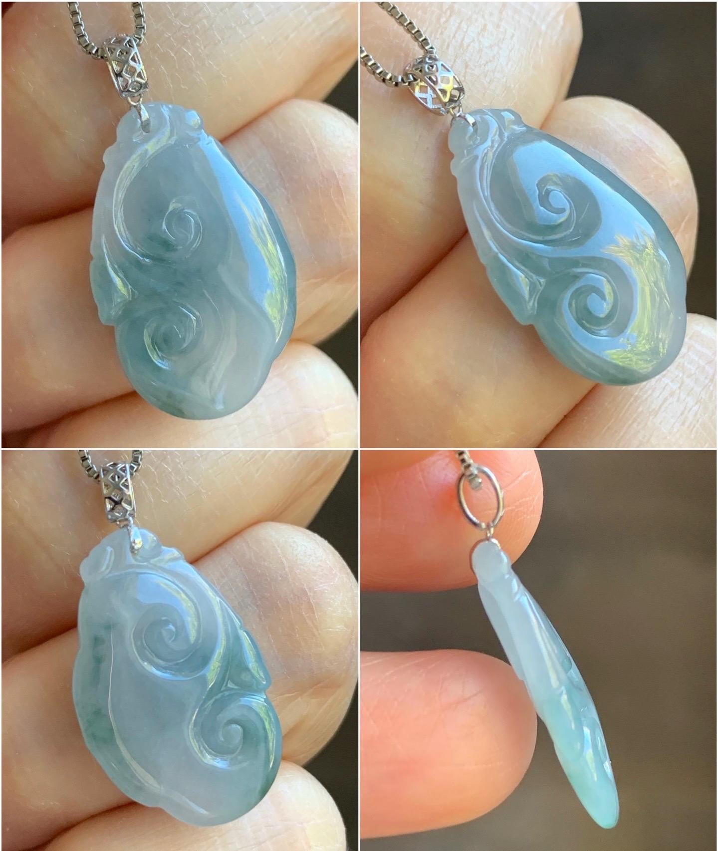 Petite Natural Burmese Icy Translucent Gelatinous Light Purple Teal Blue Marbled Jadeite Carved Ruyi Pendant 18K White Gold (天然缅甸淡冰紫飘花翡翠如意吊坠)