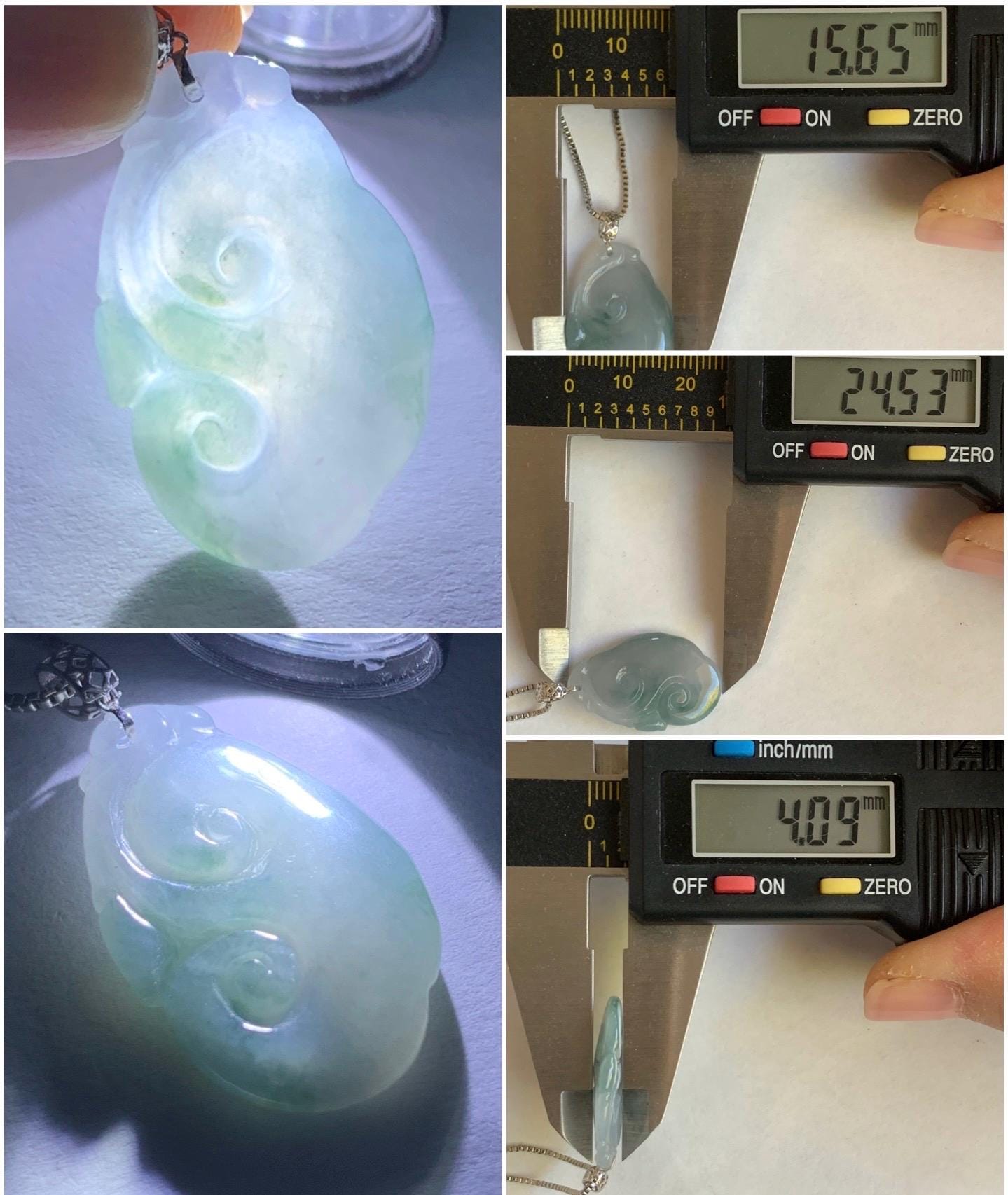Petite Natural Burmese Icy Translucent Gelatinous Light Purple Teal Blue Marbled Jadeite Carved Ruyi Pendant 18K White Gold (天然缅甸淡冰紫飘花翡翠如意吊坠)