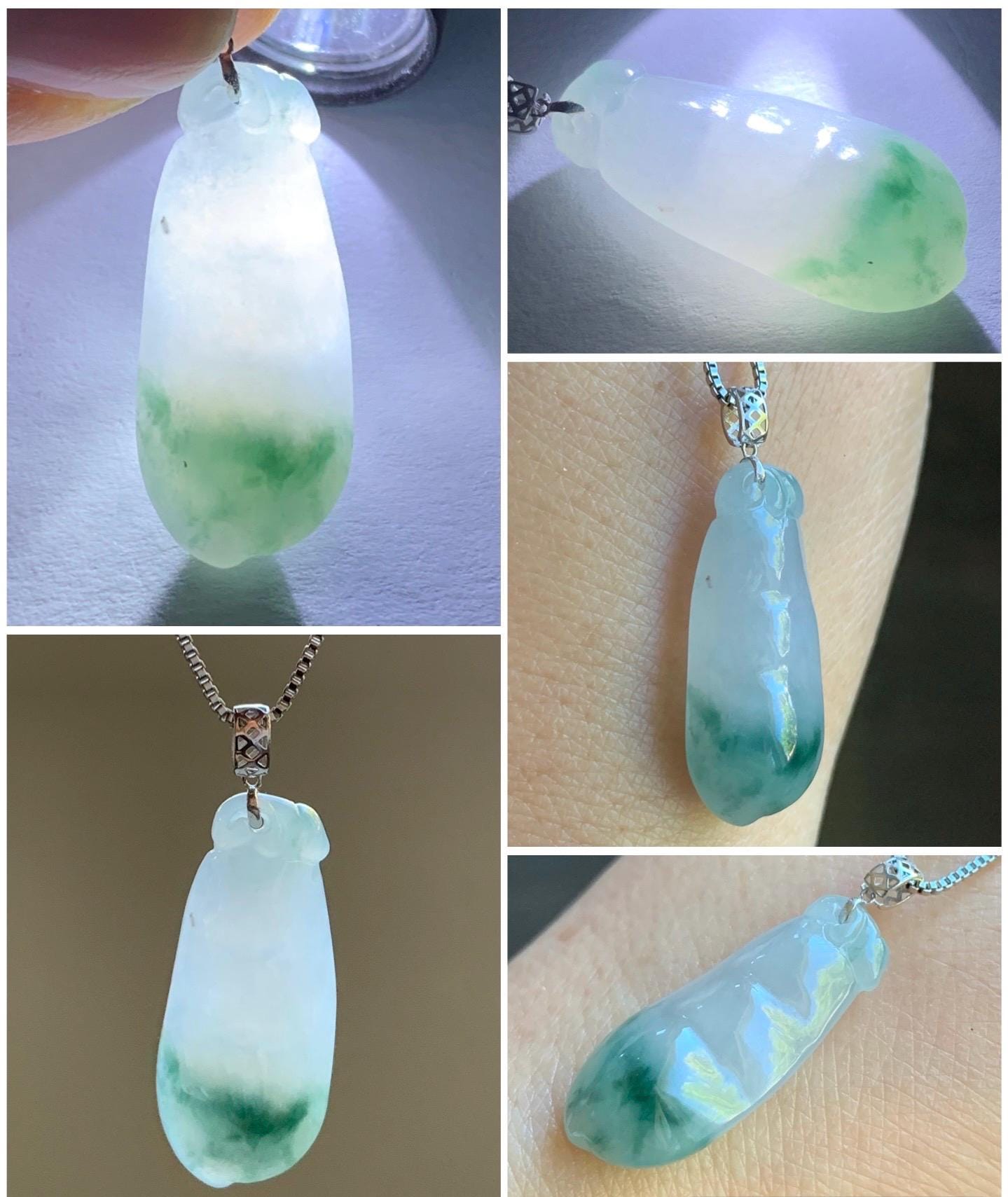 Natural Burmese Icy Translucent Gelatinous Light Teal Green Marbled Jadeite Carved Peapod Pendant 18K White Gold 4g 天然缅甸淡飘花翡翠福豆镶嵌吊坠