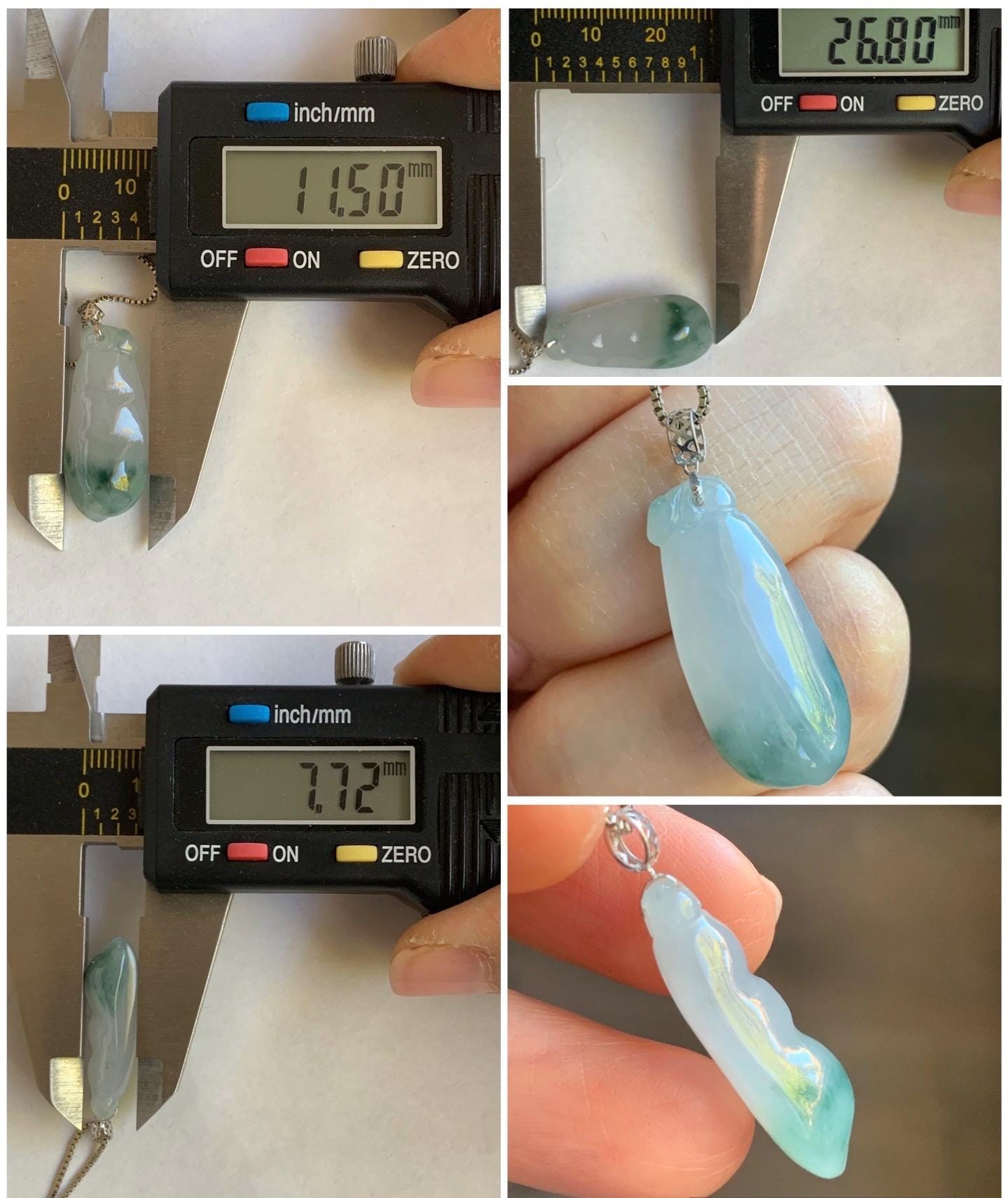 Natural Burmese Icy Translucent Gelatinous Light Teal Green Marbled Jadeite Carved Peapod Pendant 18K White Gold 4g 天然缅甸淡飘花翡翠福豆镶嵌吊坠