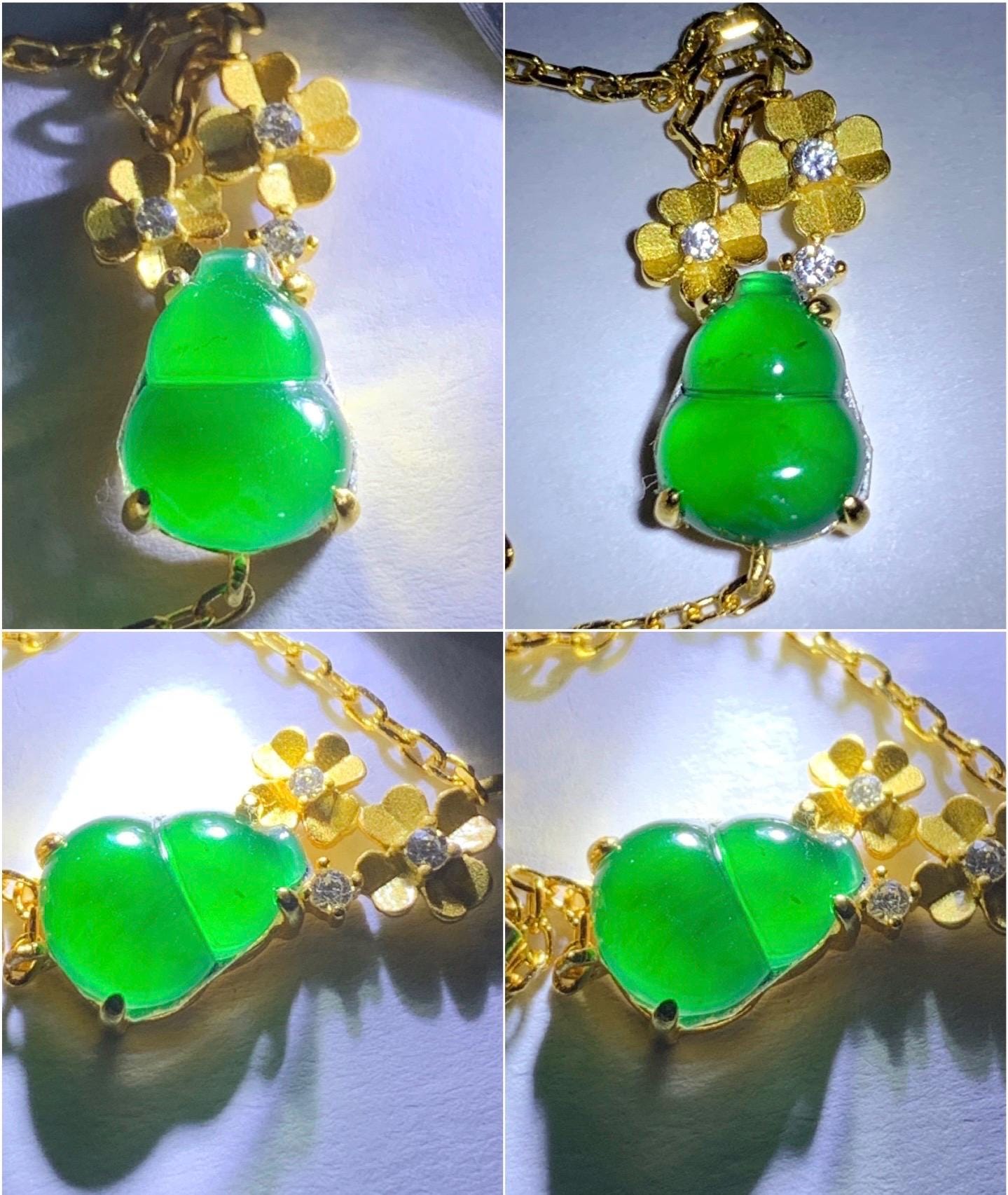 Natural Guatemalan Icy Highly Translucent Vibrant Green Gourd Hulu Jadeite & Flowers Chain Bracelet Sterling Silver 6.5" 天然冰危绿翡翠葫芦梅花银手链