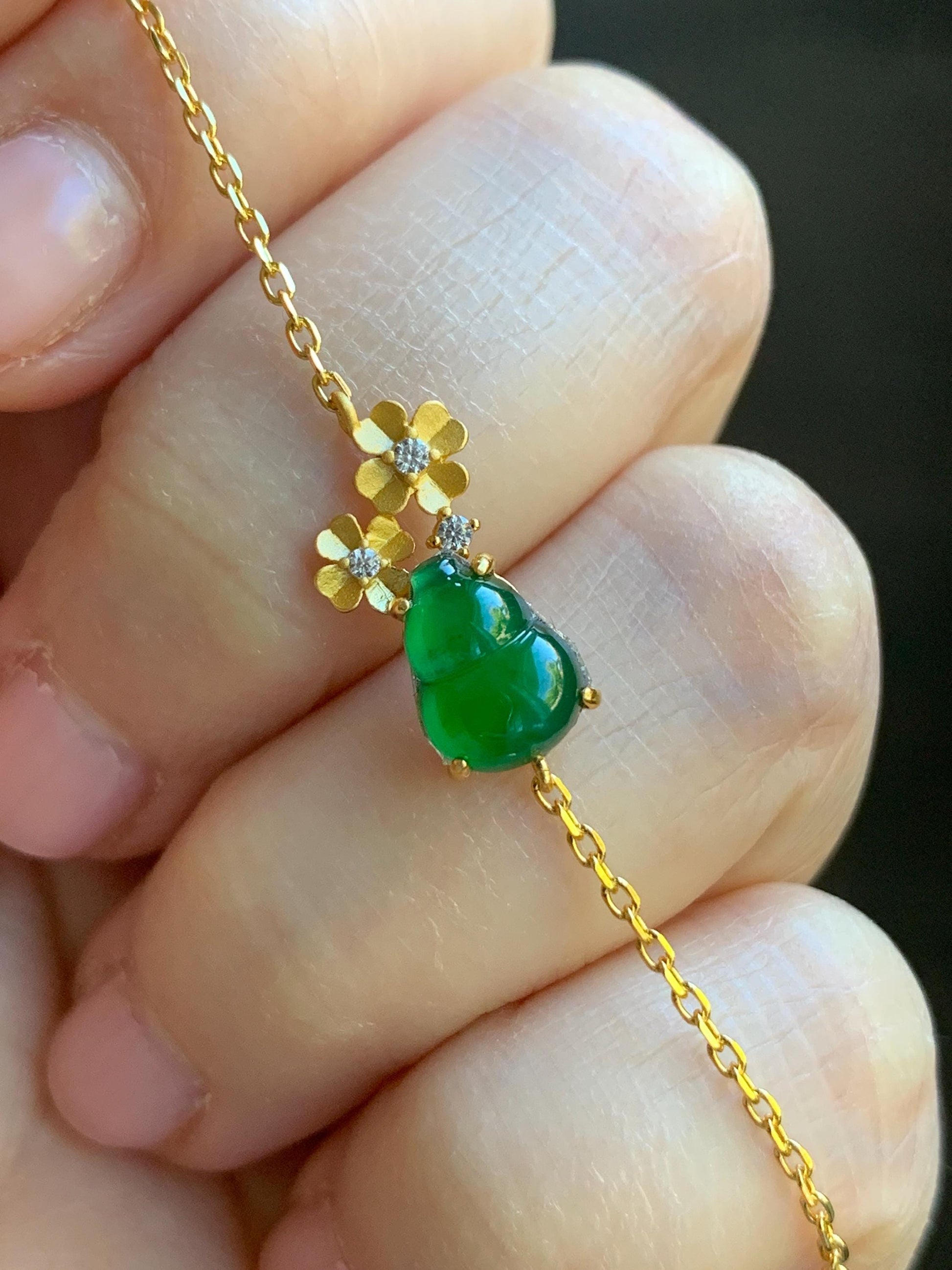 Natural Guatemalan Icy Highly Translucent Vibrant Green Gourd Hulu Jadeite & Flowers Chain Bracelet Sterling Silver 6.5" 天然冰危绿翡翠葫芦梅花银手链