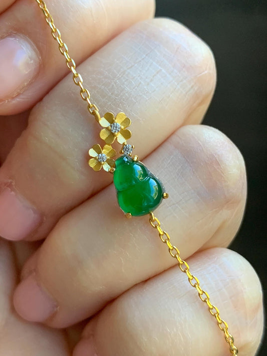 Natural Guatemalan Icy Highly Translucent Vibrant Green Gourd Hulu Jadeite & Flowers Chain Bracelet Sterling Silver 6.5" 天然冰危绿翡翠葫芦梅花银手链