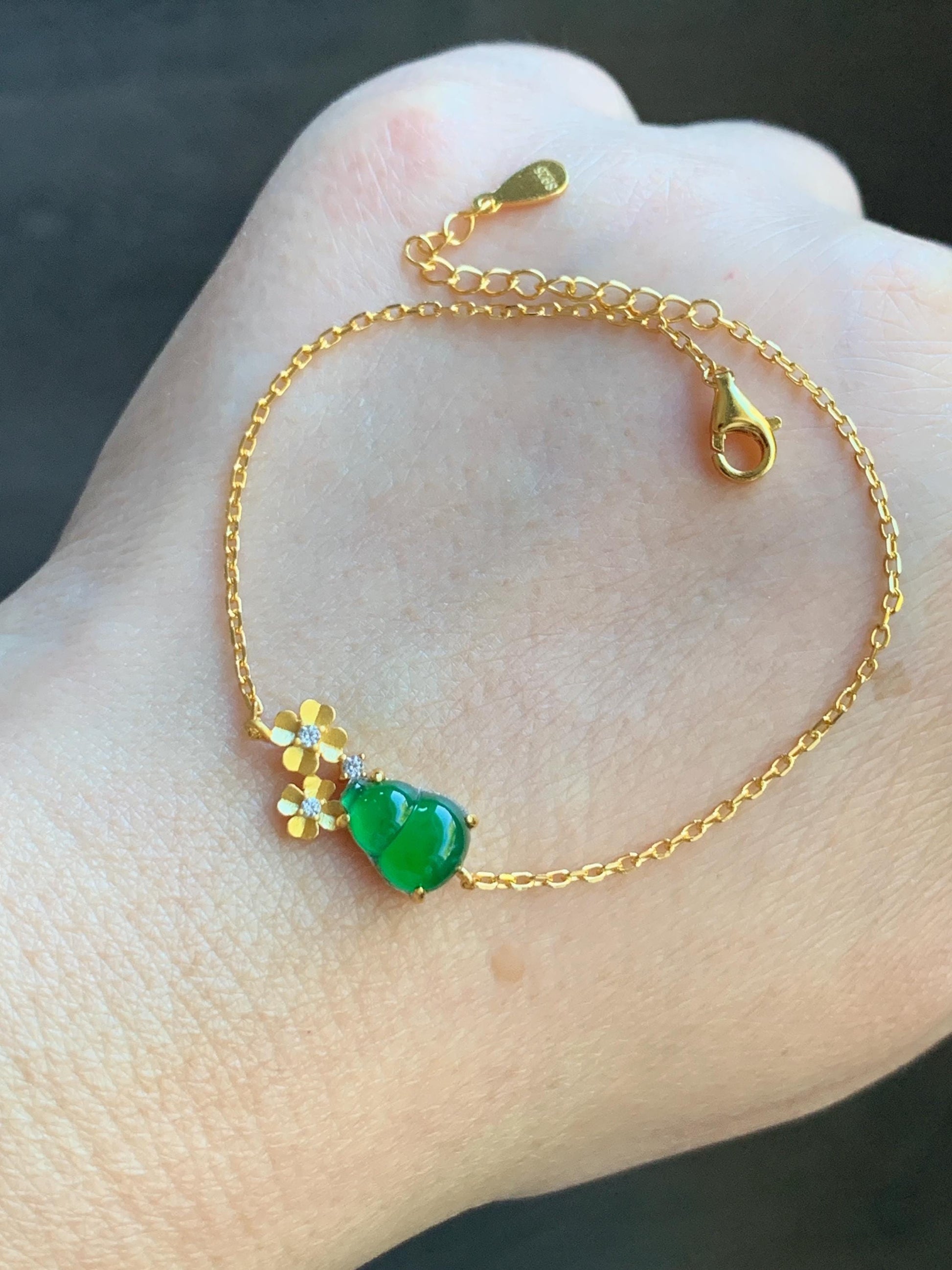 Natural Guatemalan Icy Highly Translucent Vibrant Green Gourd Hulu Jadeite & Flowers Chain Bracelet Sterling Silver 6.5" 天然冰危绿翡翠葫芦梅花银手链