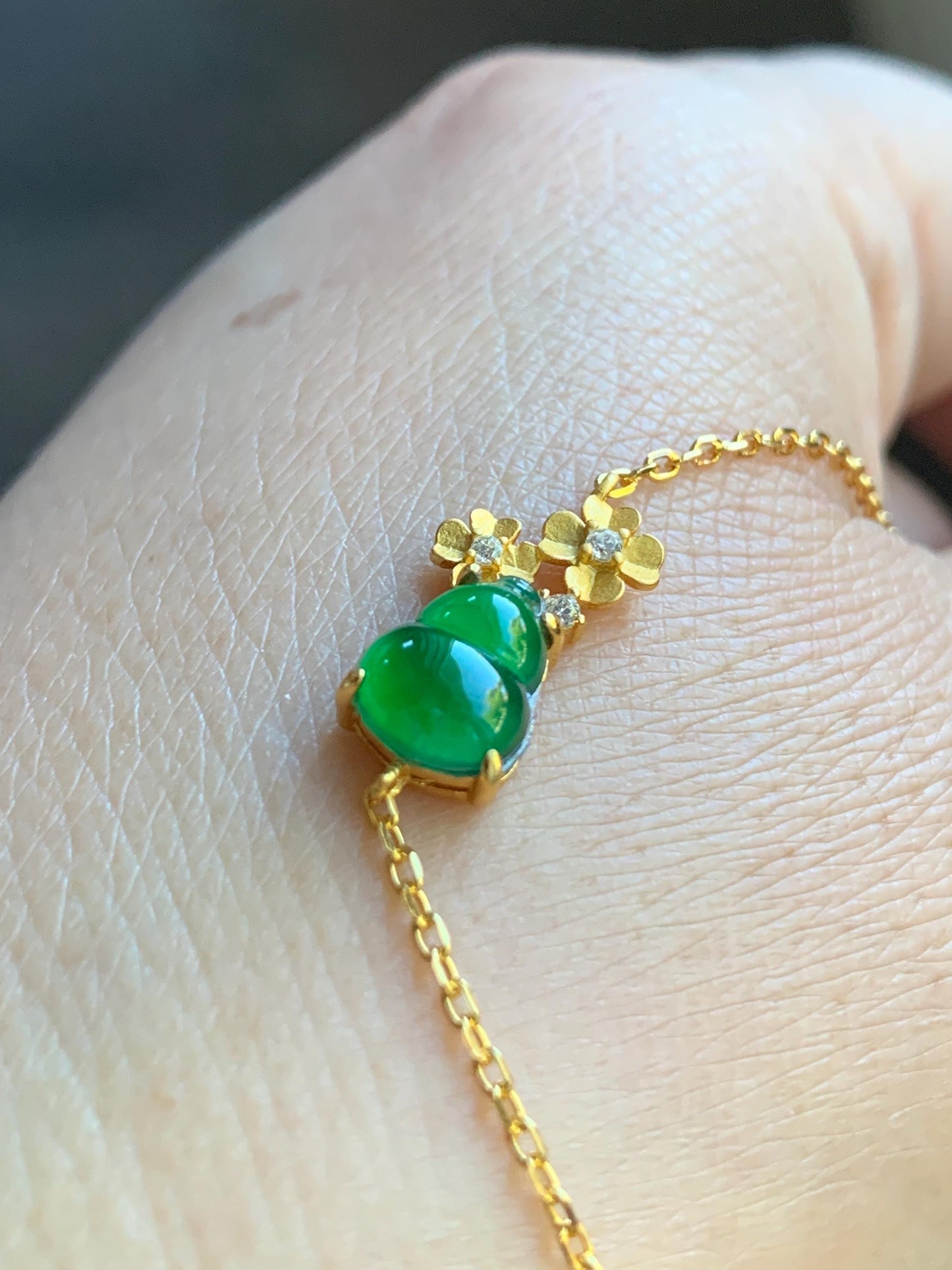 Natural Guatemalan Icy Highly Translucent Vibrant Green Gourd Hulu Jadeite & Flowers Chain Bracelet Sterling Silver 6.5" 天然冰危绿翡翠葫芦梅花银手链