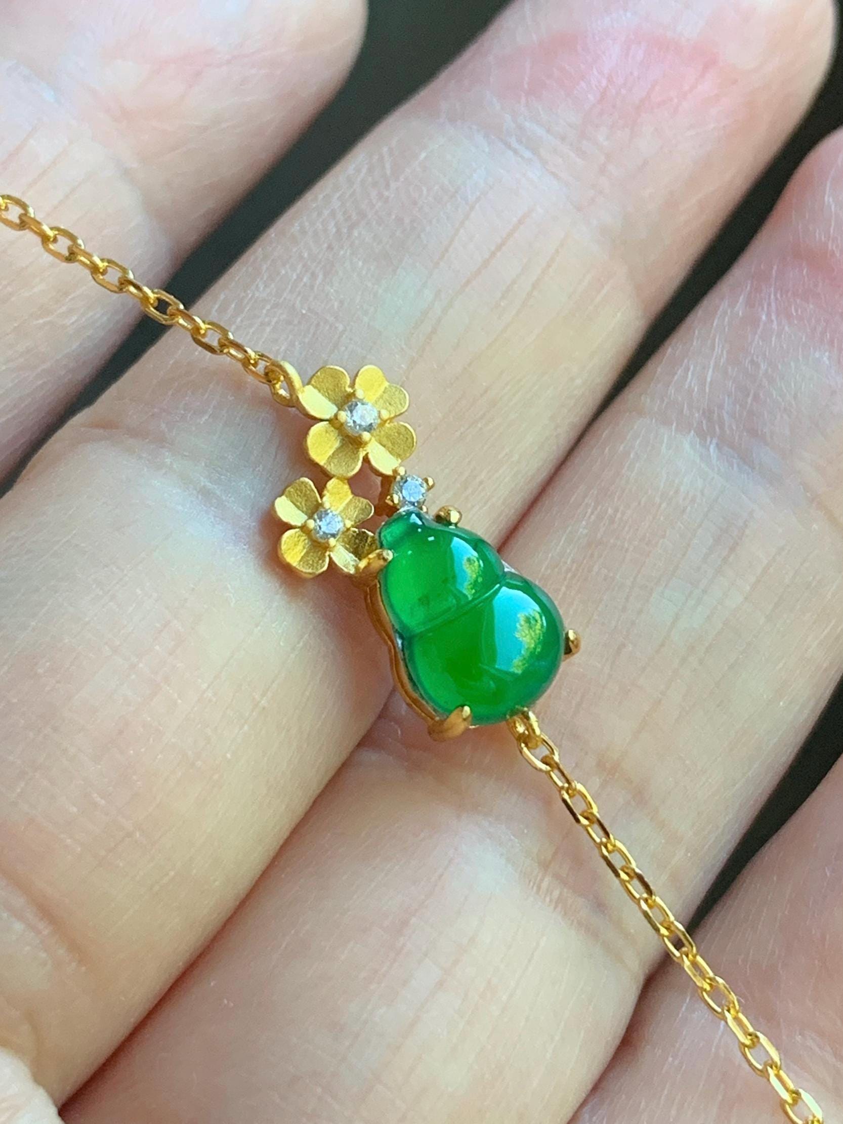 Natural Guatemalan Icy Highly Translucent Vibrant Green Gourd Hulu Jadeite & Flowers Chain Bracelet Sterling Silver 6.5" 天然冰危绿翡翠葫芦梅花银手链