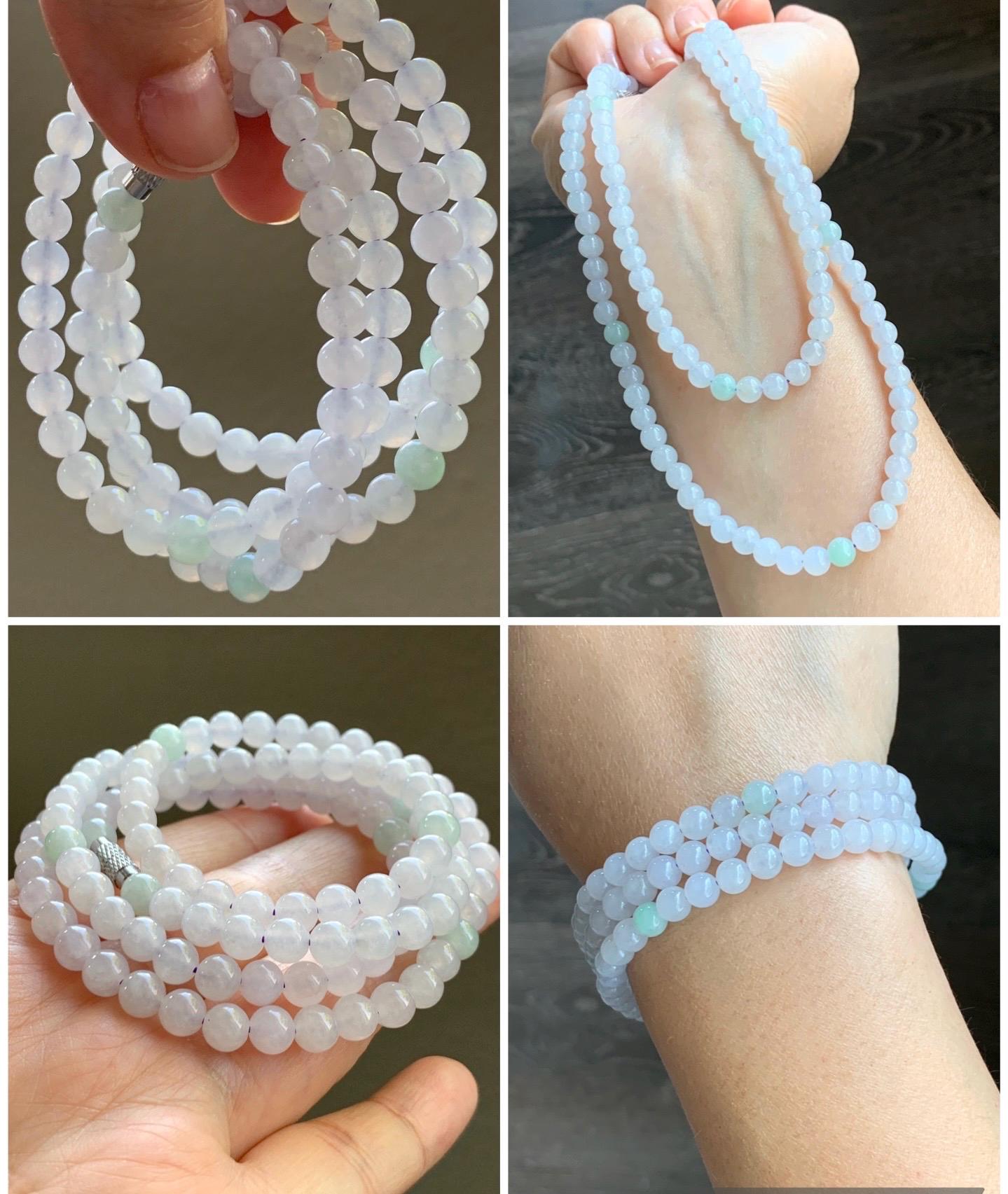 Natural Burmese Icy Translucent Gelatinous Icy White & Light Green Jadeite Beaded Necklace with Clasp 5.8m 26" 40g 天然缅甸白冰翡翠圆珠项链 BJL1021