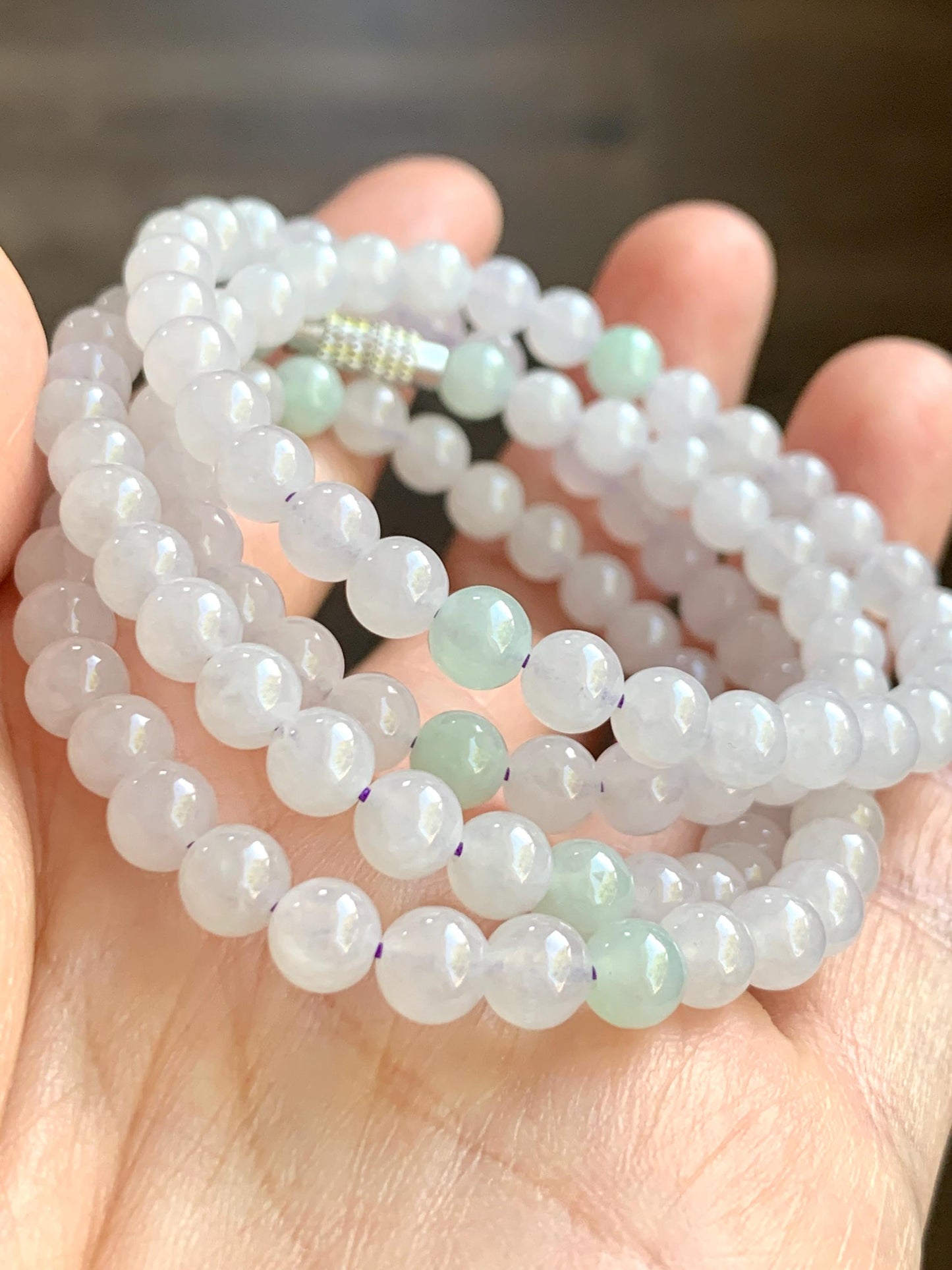 Natural Burmese Icy Translucent Gelatinous Icy White & Light Green Jadeite Beaded Necklace with Clasp 5.8m 26" 40g 天然缅甸白冰翡翠圆珠项链 BJL1021