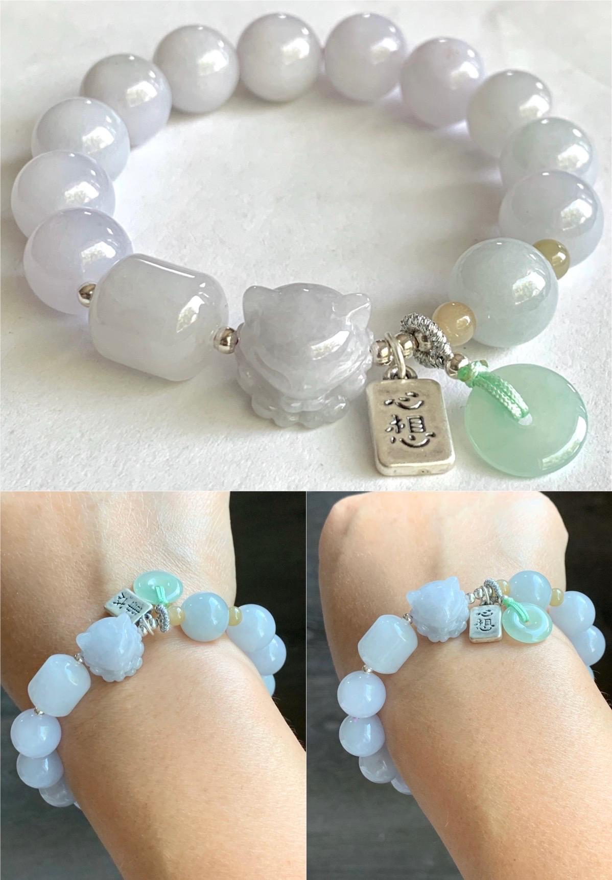 Natural Burmese Icy Translucent White & Light Purple Jadeite Nine-Tailed Fox Jadeite Beaded Bracelet Sterling Silver 6.75” 天然缅甸冰淡紫底翡翠九尾狐圆珠手串