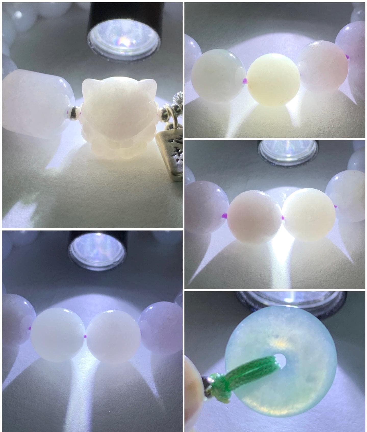 Natural Burmese Icy Translucent White & Light Purple Jadeite Nine-Tailed Fox Jadeite Beaded Bracelet Sterling Silver 6.75” 天然缅甸冰淡紫底翡翠九尾狐圆珠手串