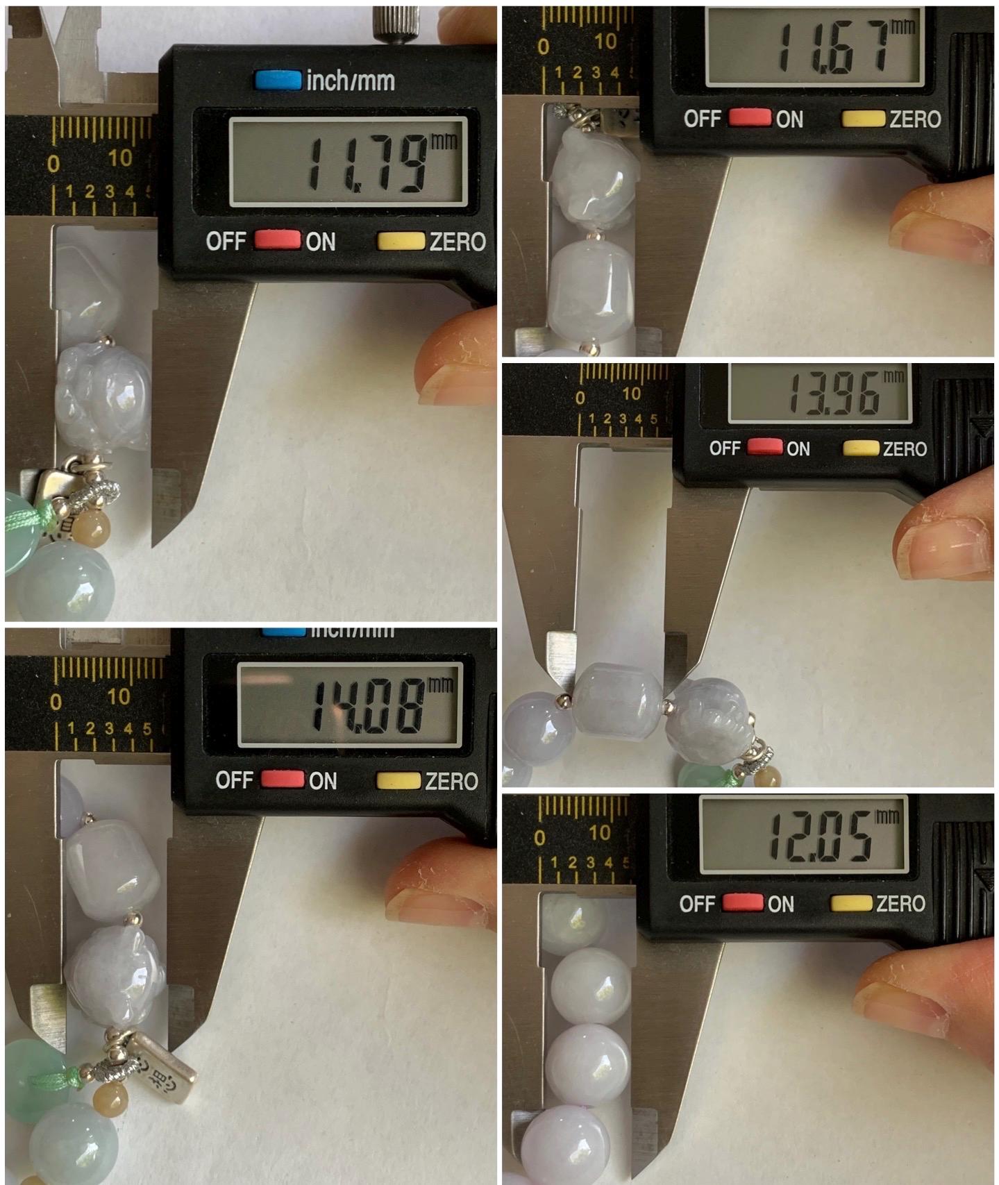 Natural Burmese Icy Translucent White & Light Purple Jadeite Nine-Tailed Fox Jadeite Beaded Bracelet Sterling Silver 6.75” 天然缅甸冰淡紫底翡翠九尾狐圆珠手串